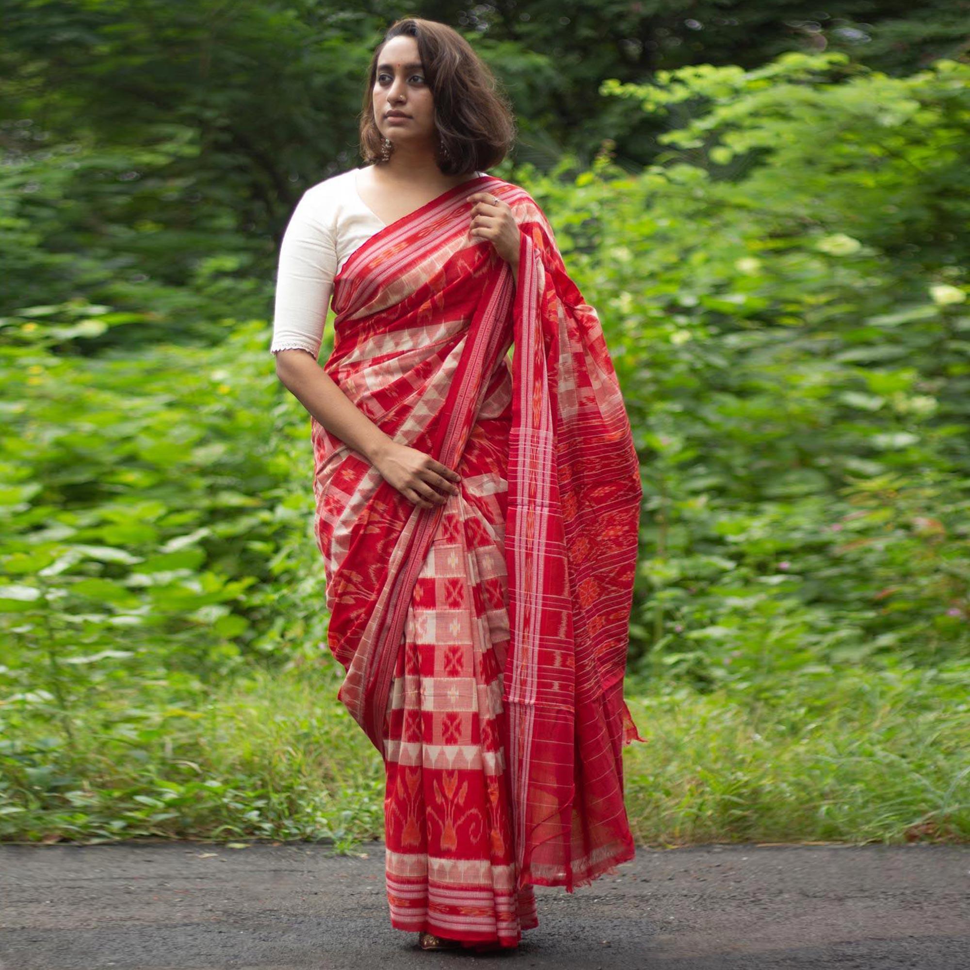 Red Ikkat Printed Linen Saree - Peachmode