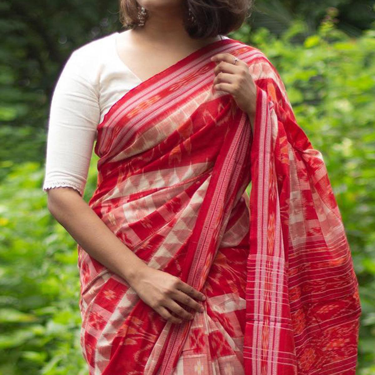 Red Ikkat Printed Linen Saree - Peachmode