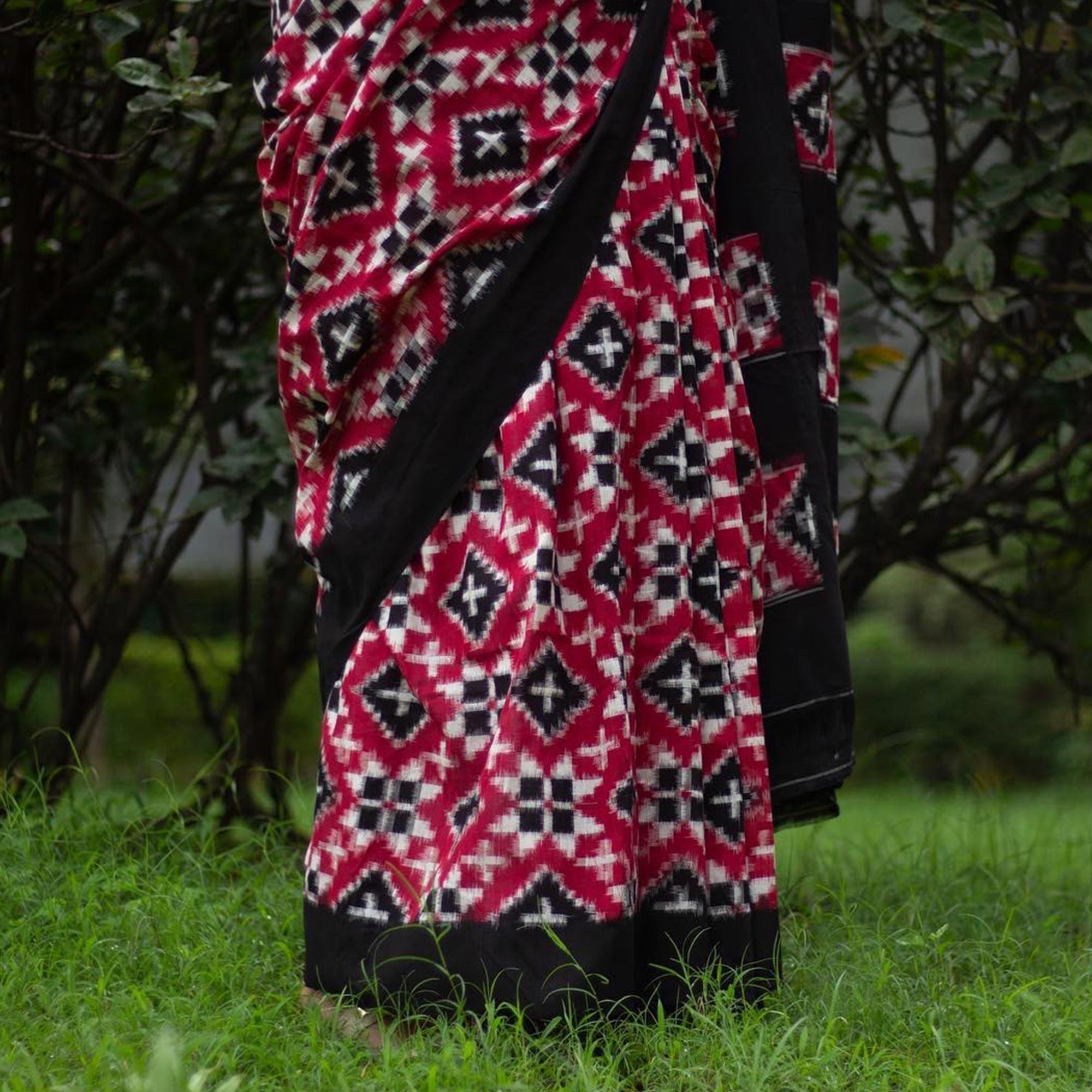 Red Ikkat Printed Linen Saree - Peachmode