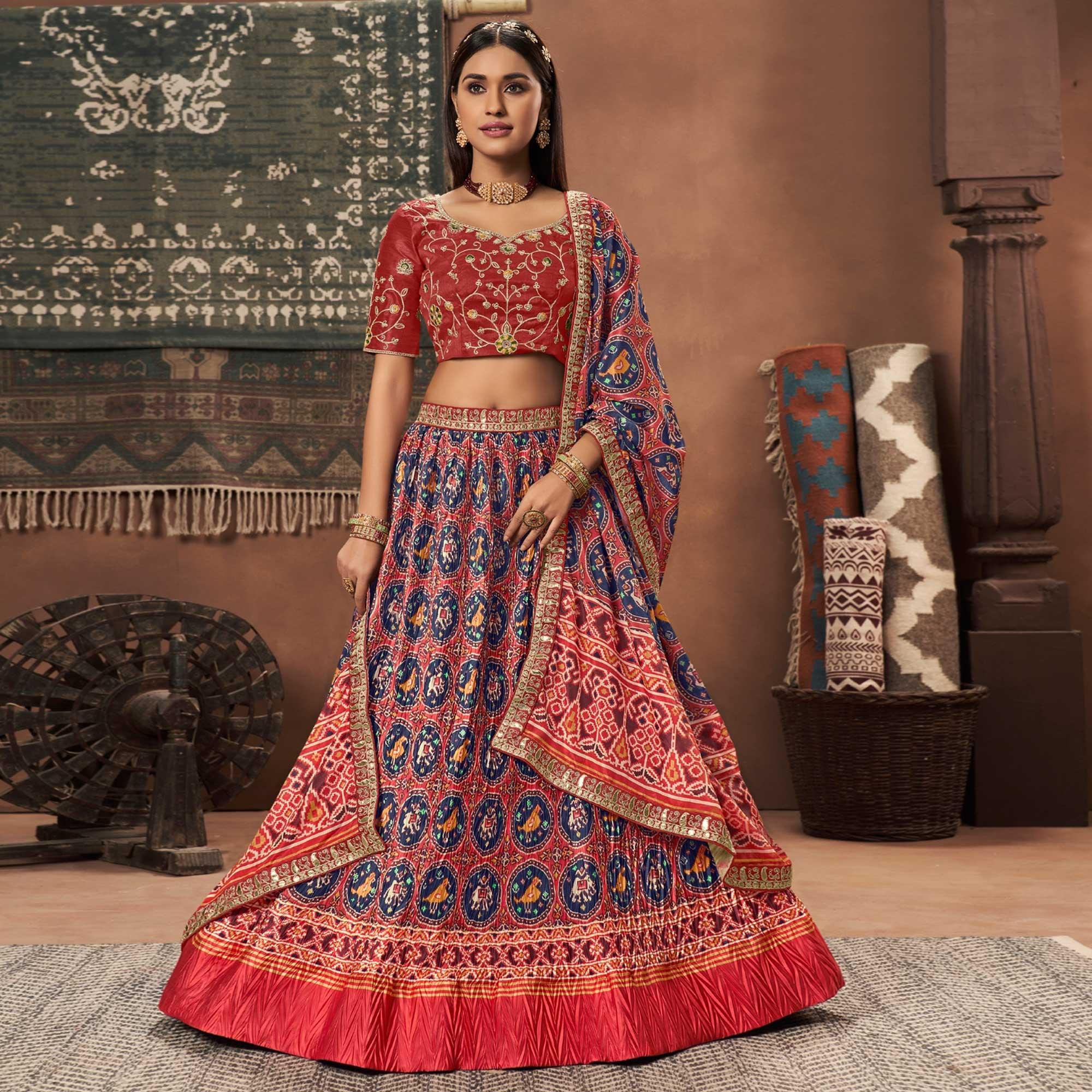 Red Kalamkari Printed Art Silk Lehenga Choli - Peachmode