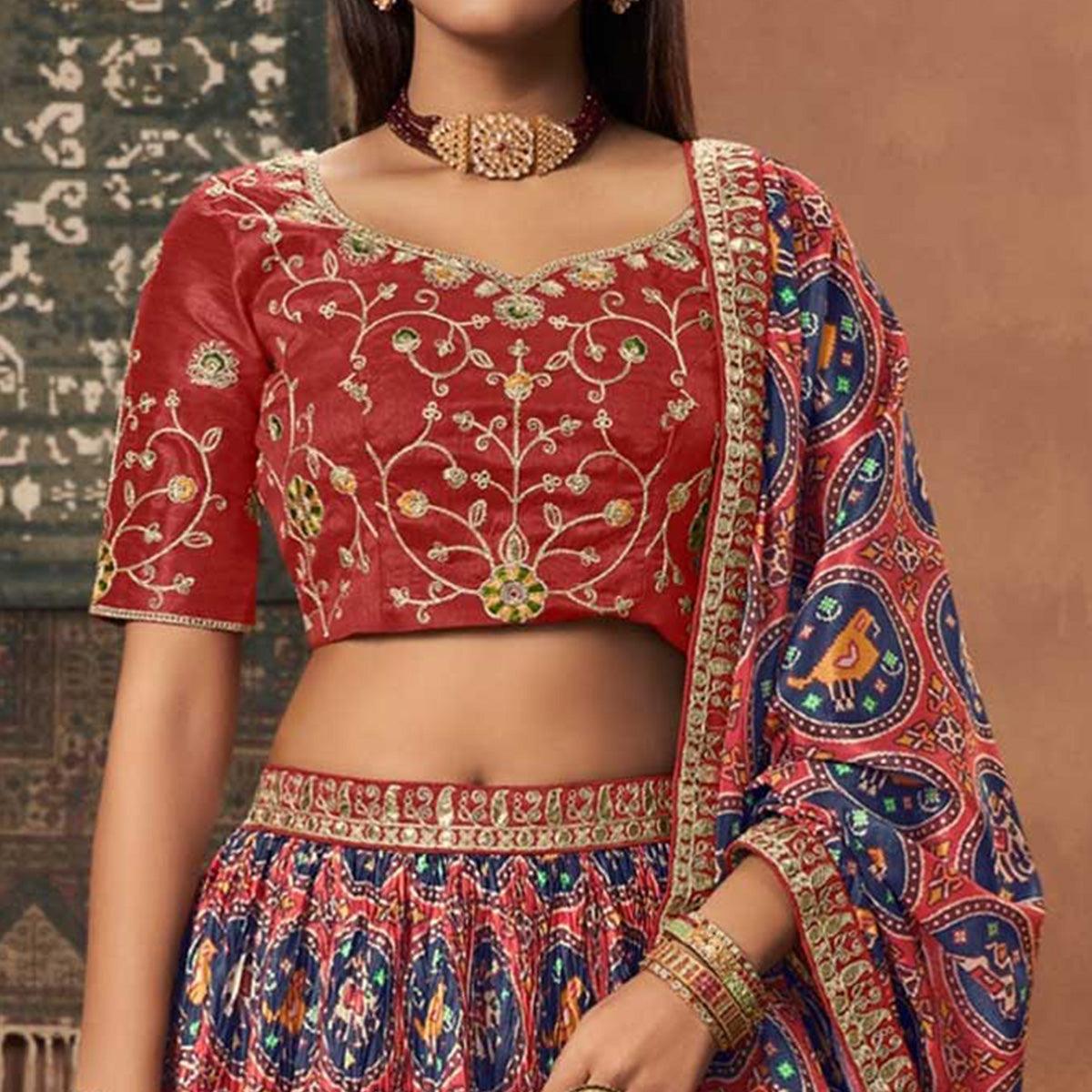 Red Kalamkari Printed Art Silk Lehenga Choli - Peachmode