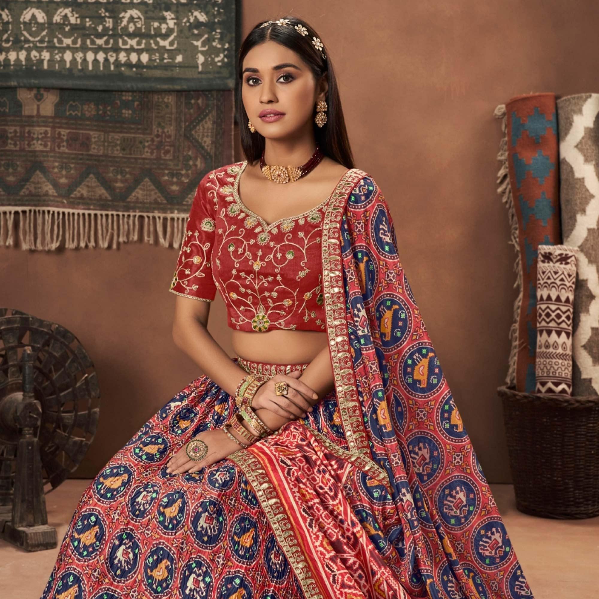 Red Kalamkari Printed Art Silk Lehenga Choli - Peachmode