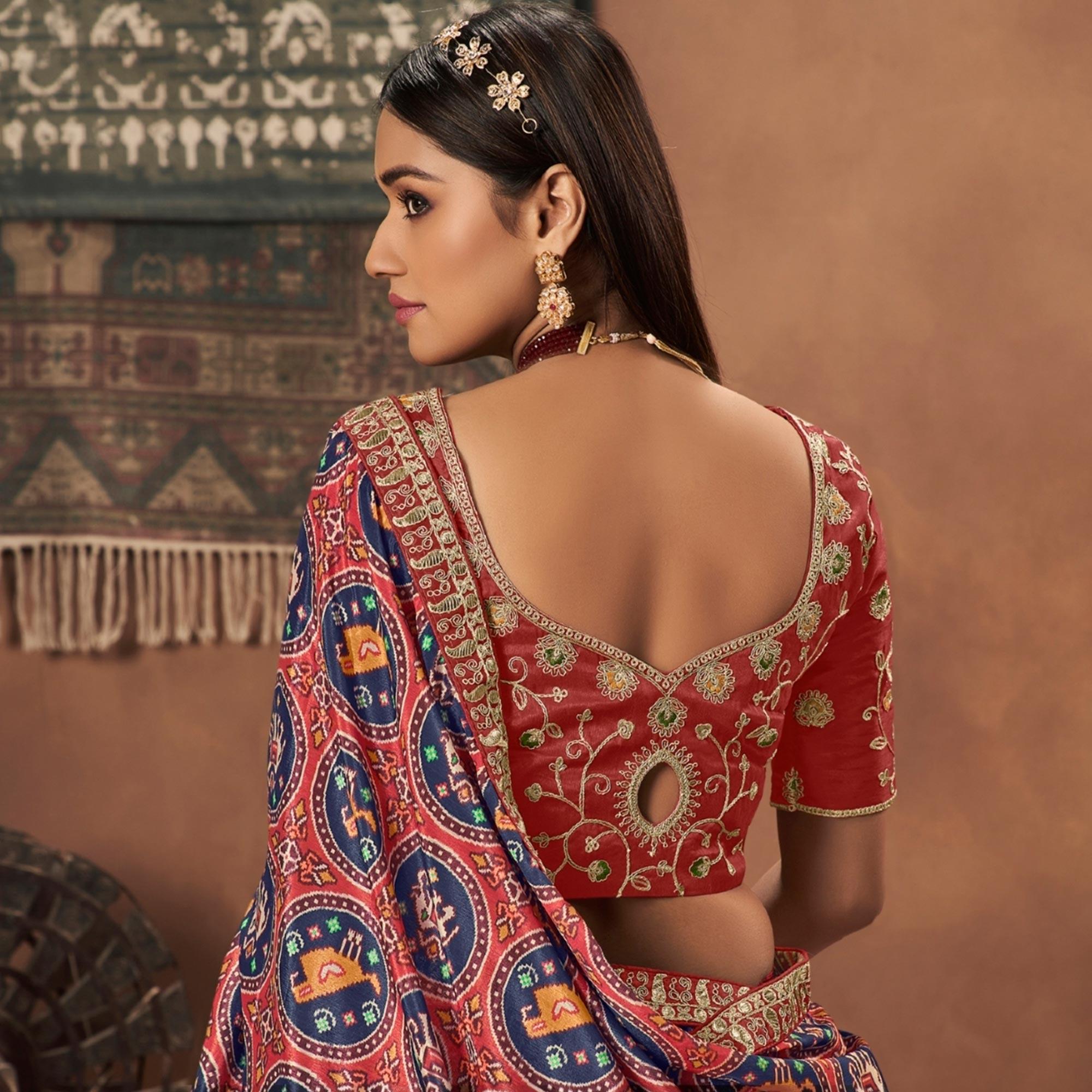 Red Kalamkari Printed Art Silk Lehenga Choli - Peachmode