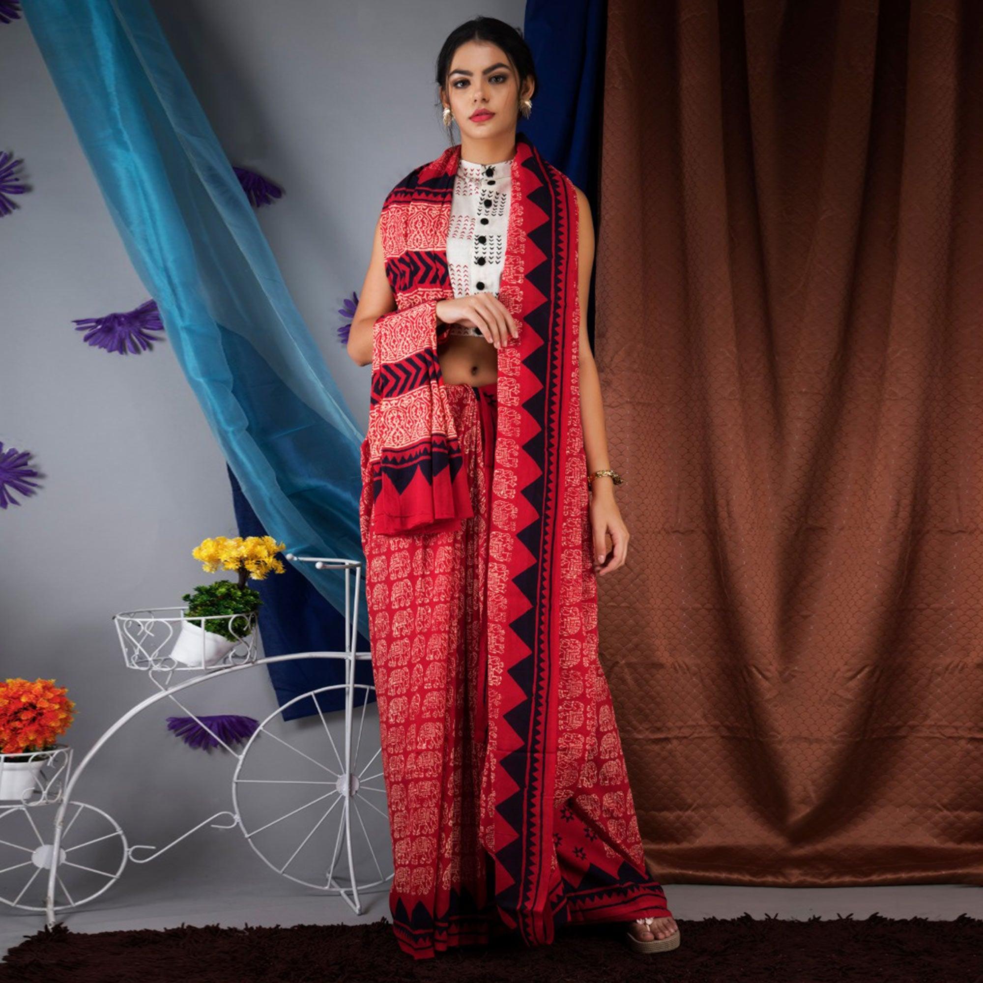 Red Kalamkari Printed Linen Saree - Peachmode