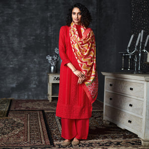 Red Lakhnavi Embroidery Georgette Partywear Palazzo Suit - Peachmode
