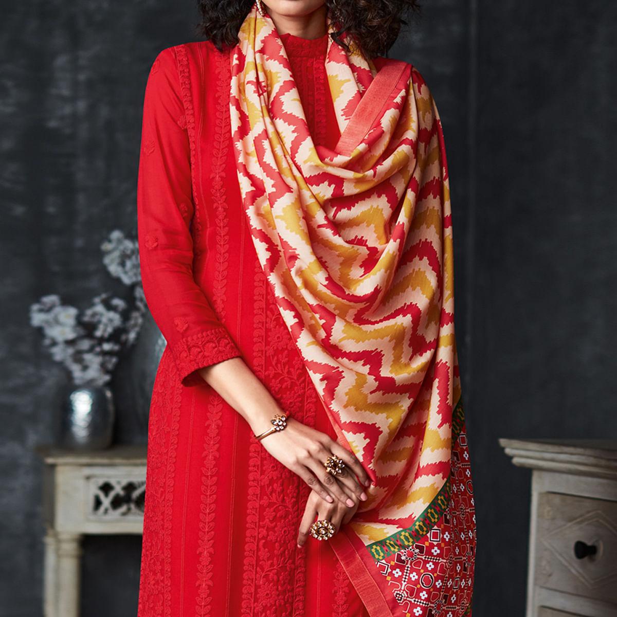 Red Lakhnavi Embroidery Georgette Partywear Palazzo Suit - Peachmode