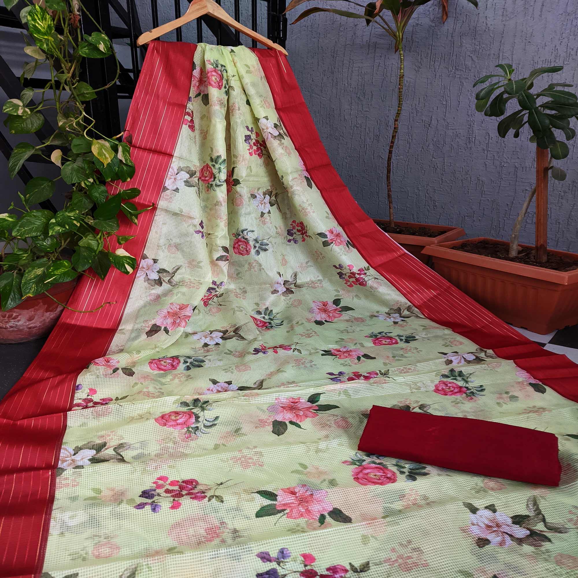 Red-lemon Festive Wear Floral Digital Print With Woven Border Silk Saree - Peachmode