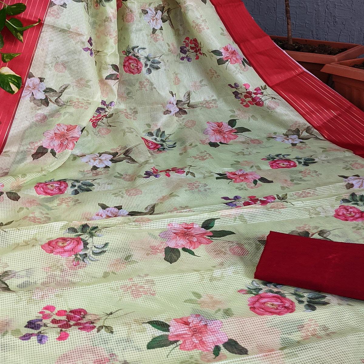 Red-lemon Festive Wear Floral Digital Print With Woven Border Silk Saree - Peachmode