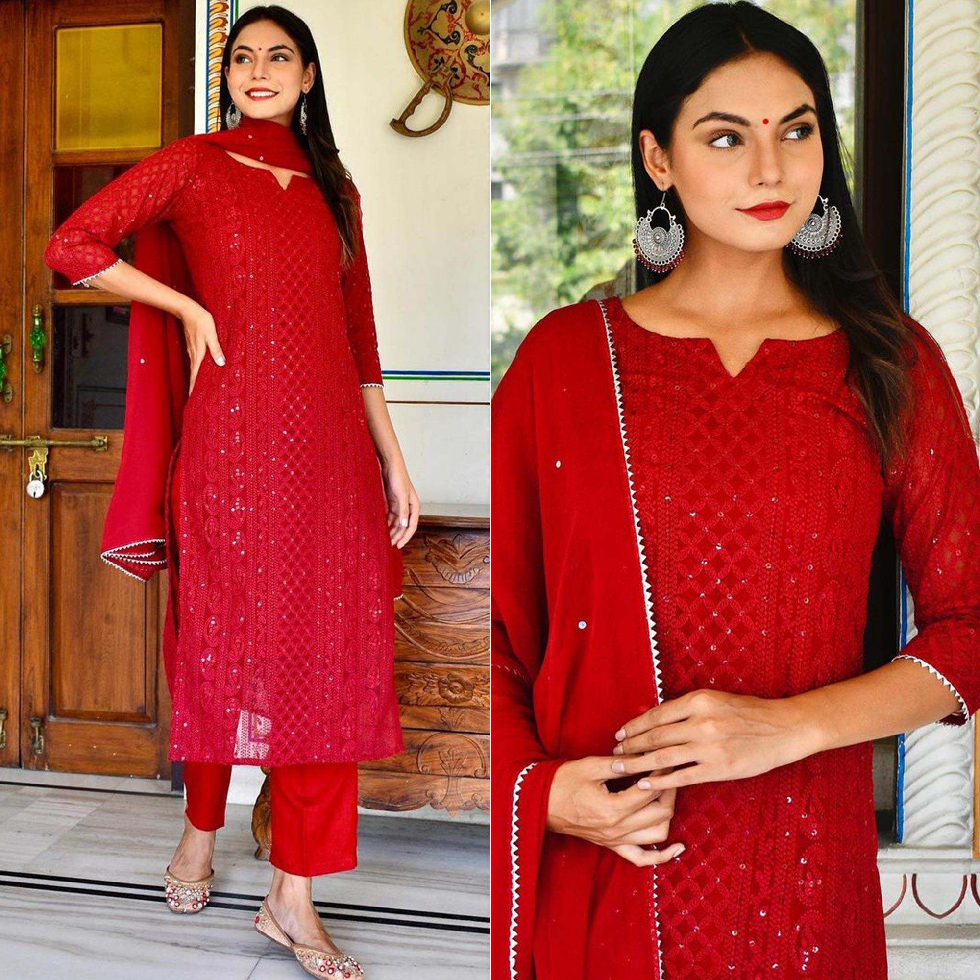 Red Lucknowi Chikankari Work Georgette Kurti Pant Set With Dupatta - Peachmode