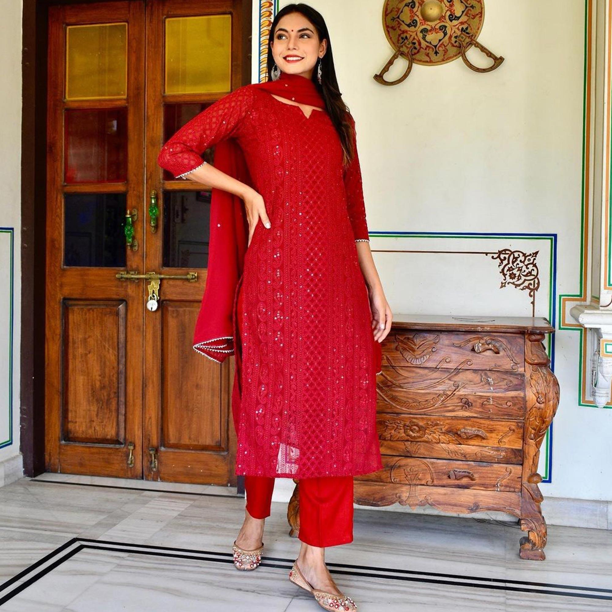 Red Lucknowi Chikankari Work Georgette Kurti Pant Set With Dupatta - Peachmode