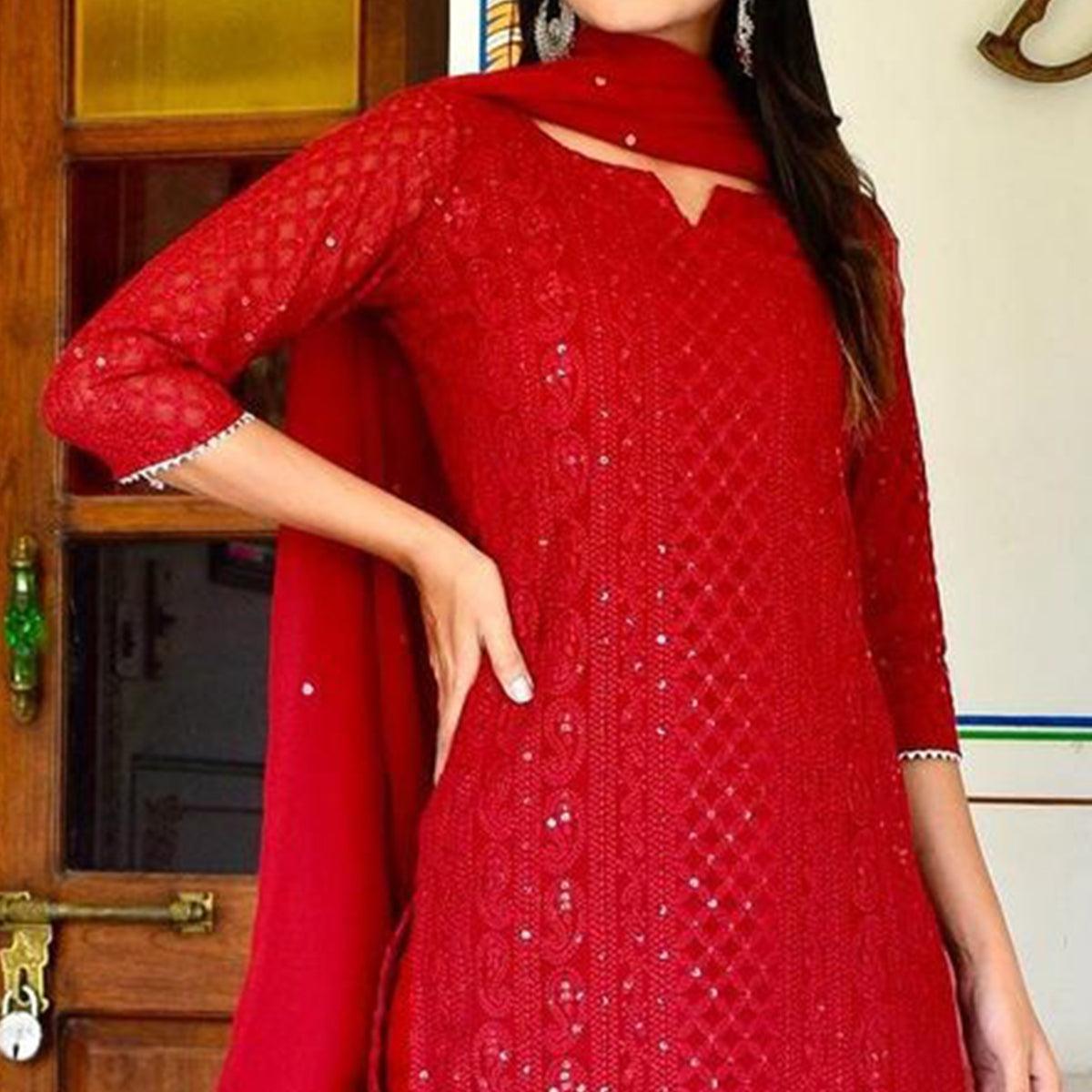 Red Lucknowi Chikankari Work Georgette Kurti Pant Set With Dupatta - Peachmode
