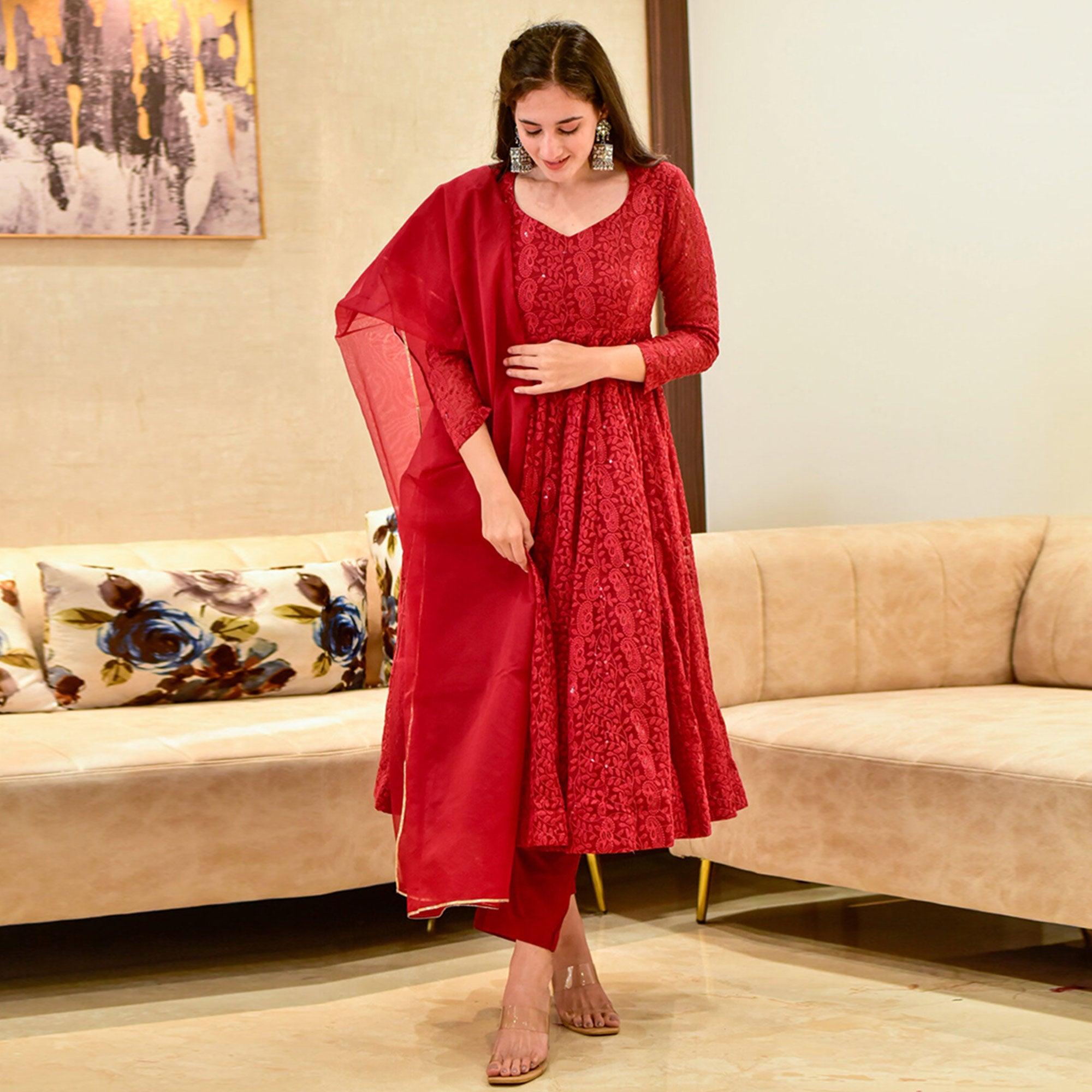 Red Lucknowi Embroidered Georgette Anarkali Suit - Peachmode