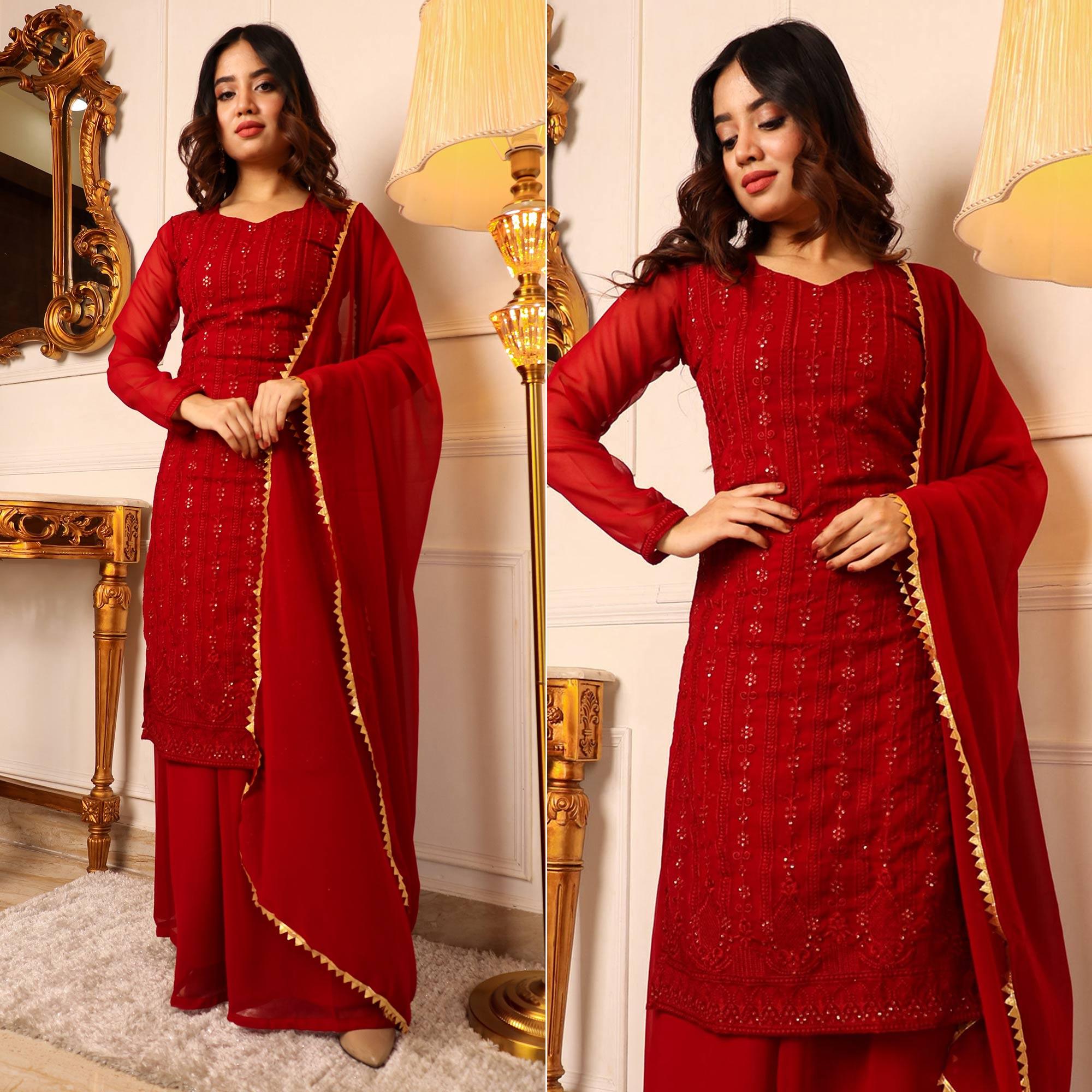 Red Lucknowi Embroidered Georgette Palazzo Suit - Peachmode