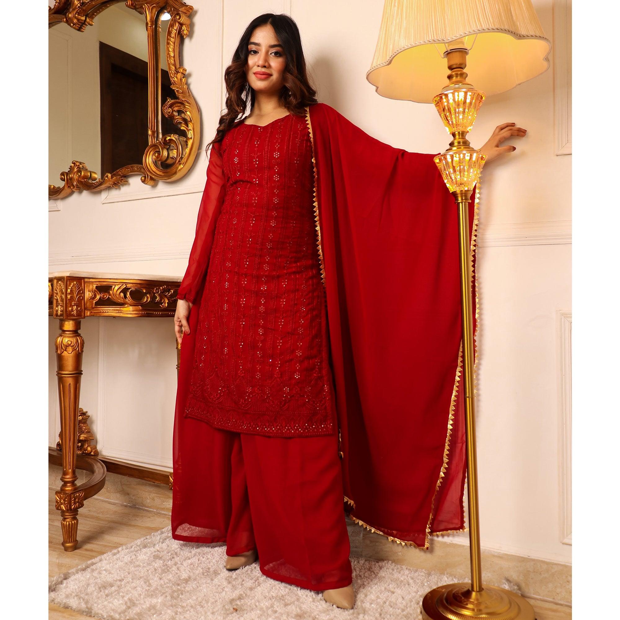 Red Lucknowi Embroidered Georgette Palazzo Suit - Peachmode