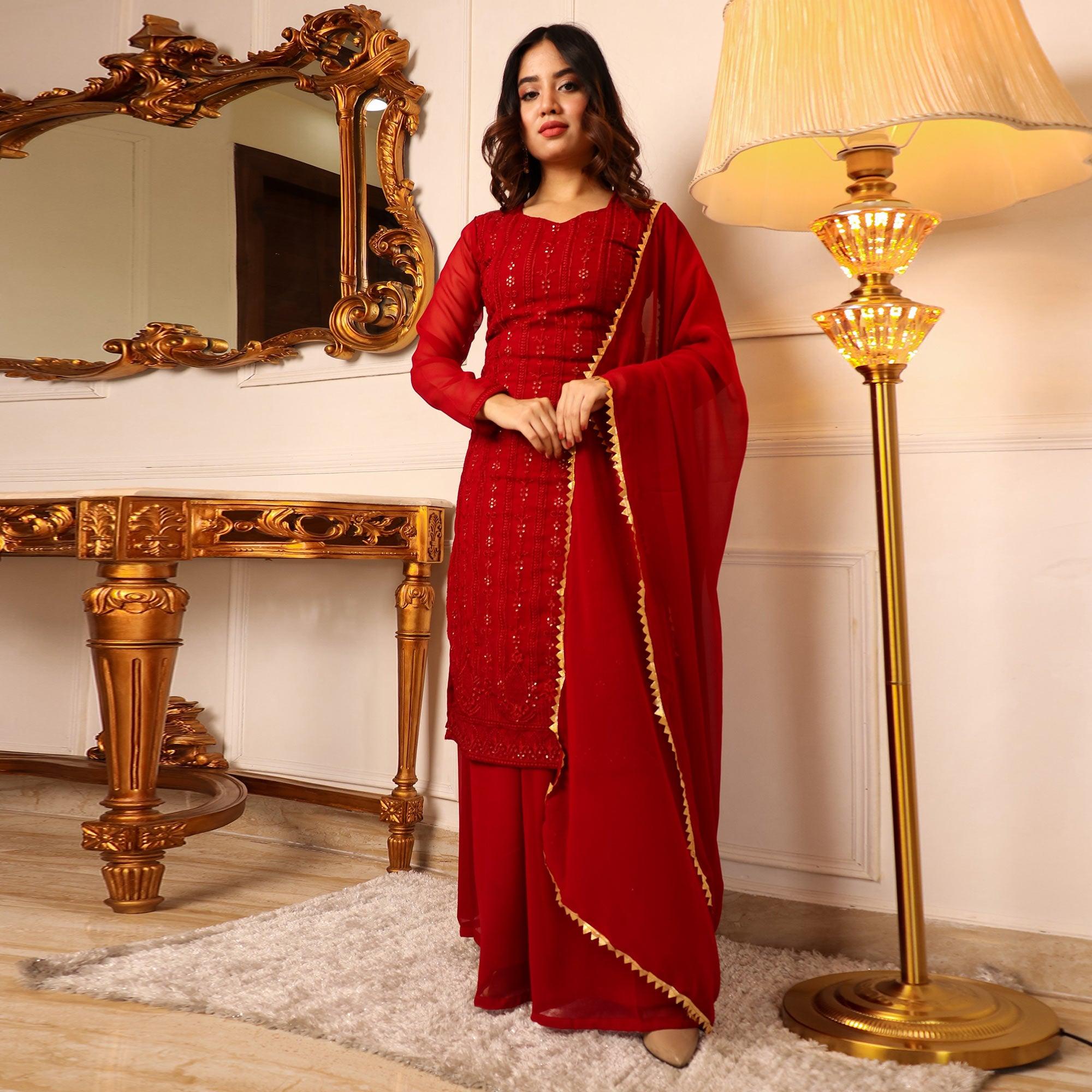Red Lucknowi Embroidered Georgette Palazzo Suit - Peachmode