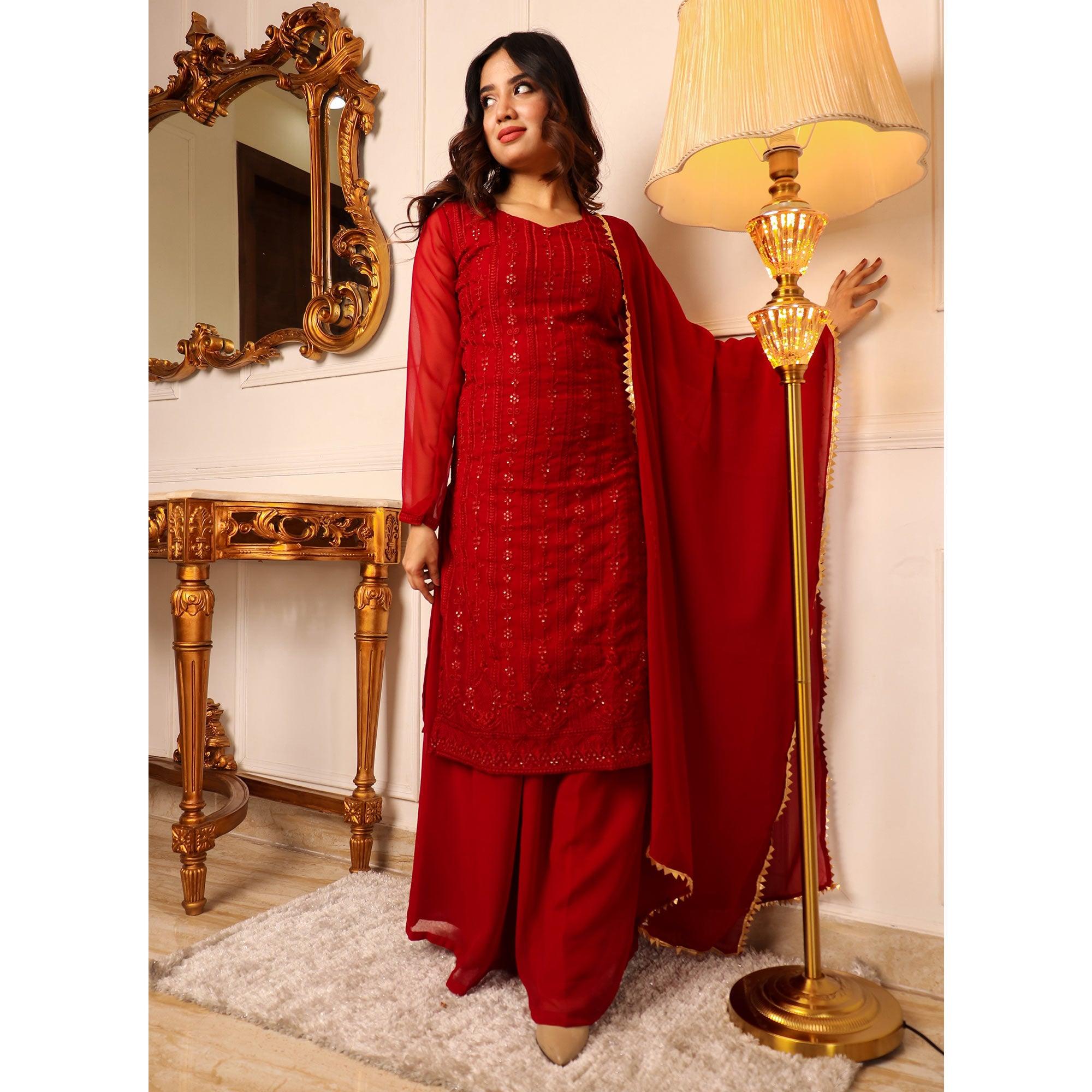 Red Lucknowi Embroidered Georgette Palazzo Suit - Peachmode