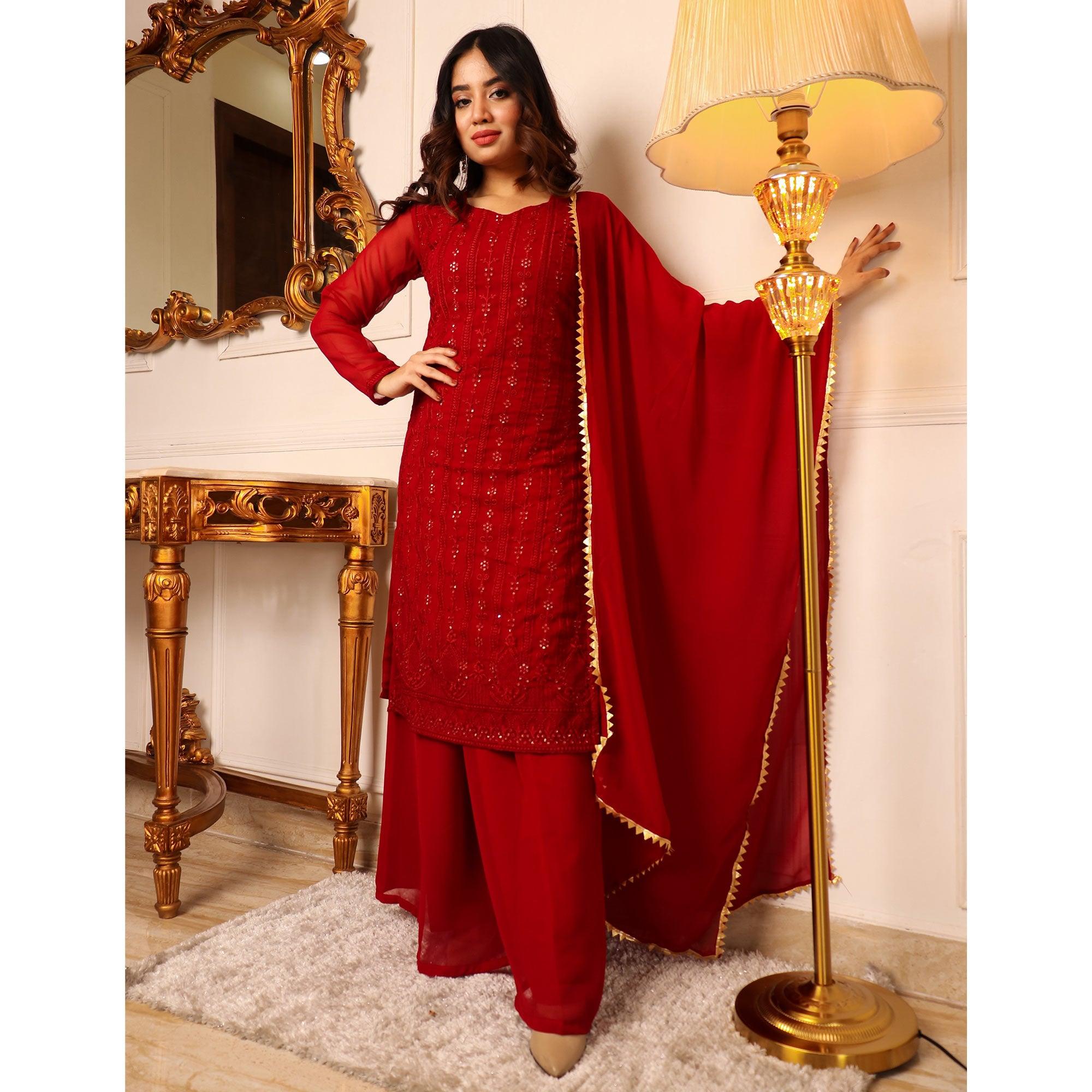 Red Lucknowi Embroidered Georgette Palazzo Suit - Peachmode