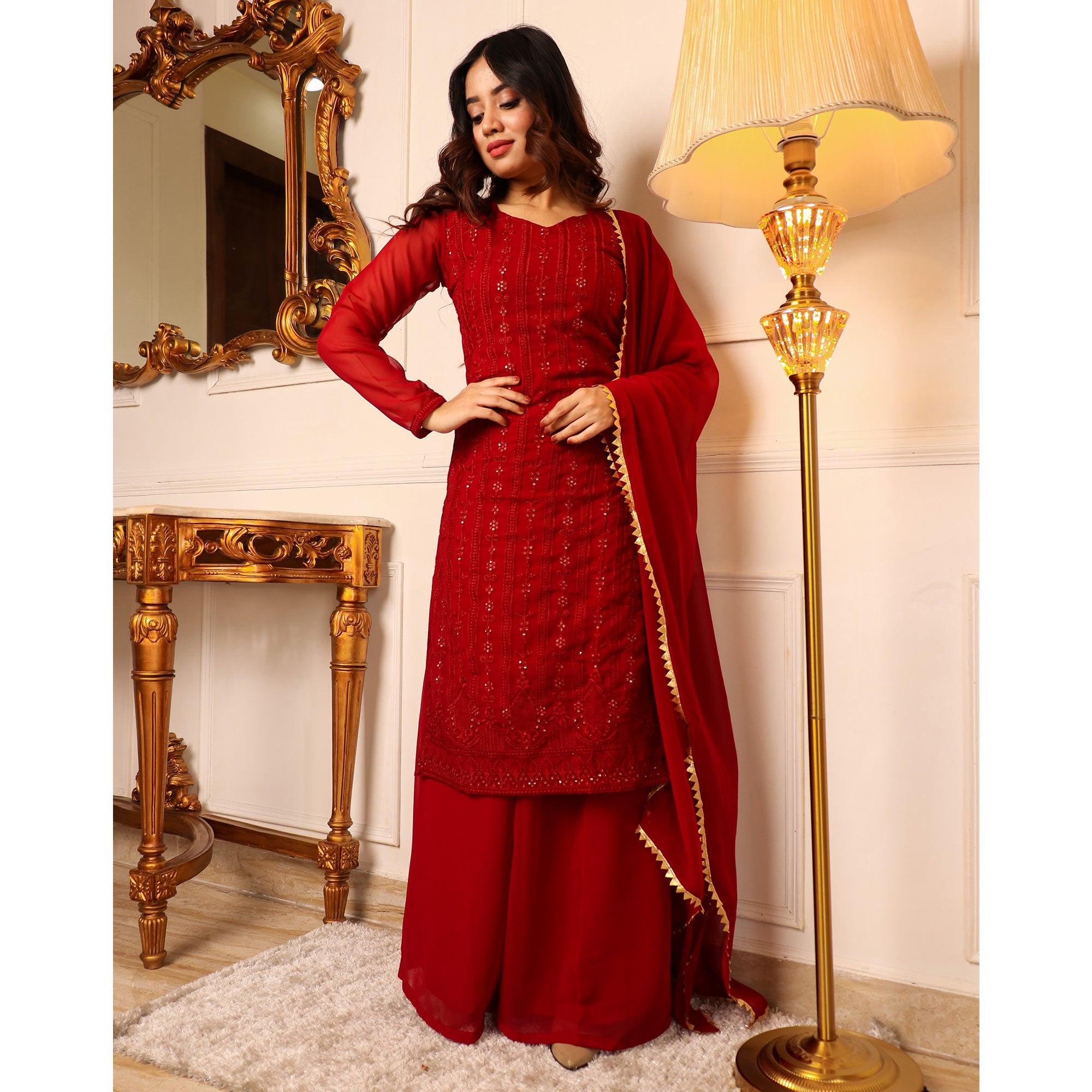Red Lucknowi Embroidered Georgette Palazzo Suit - Peachmode