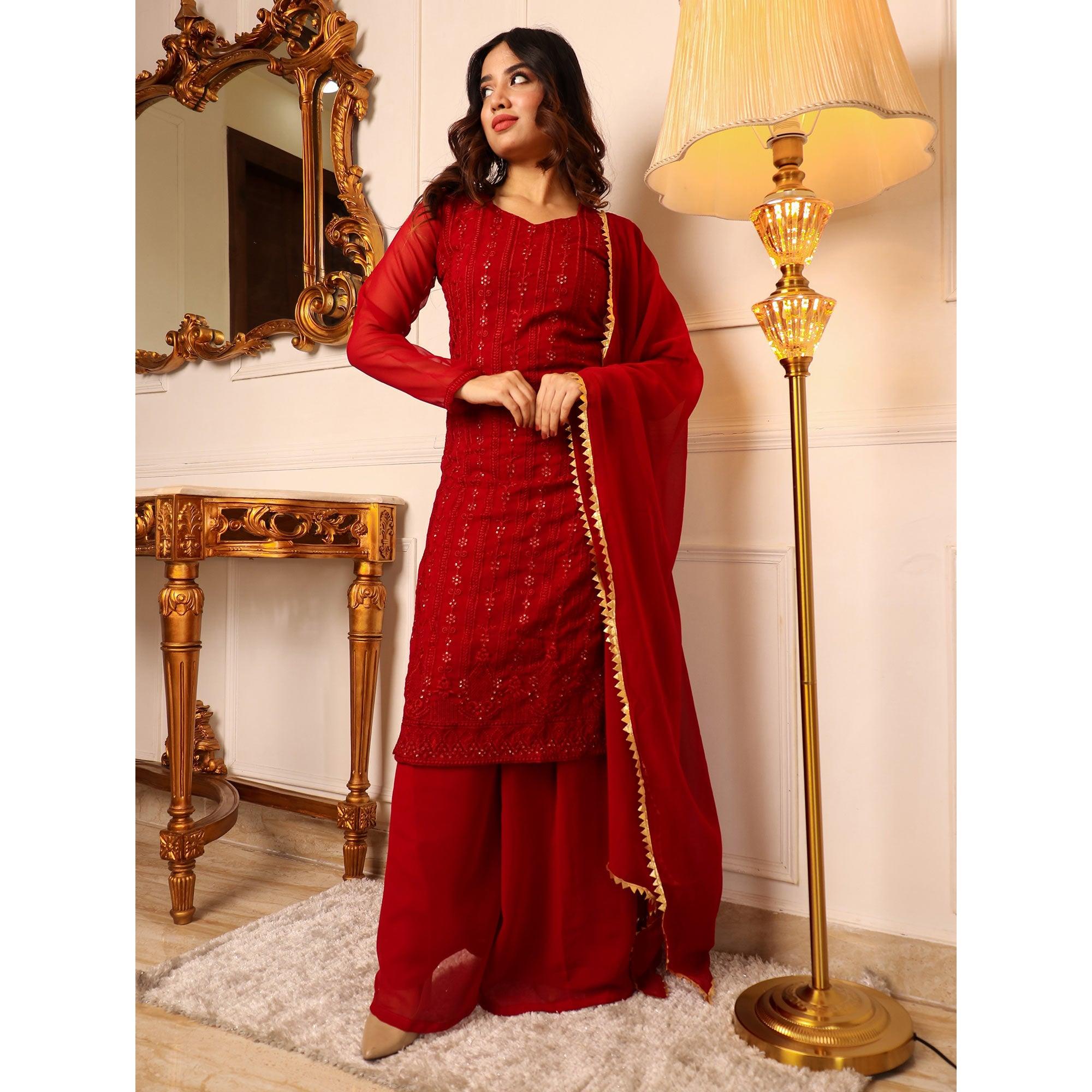 Red Lucknowi Embroidered Georgette Palazzo Suit - Peachmode