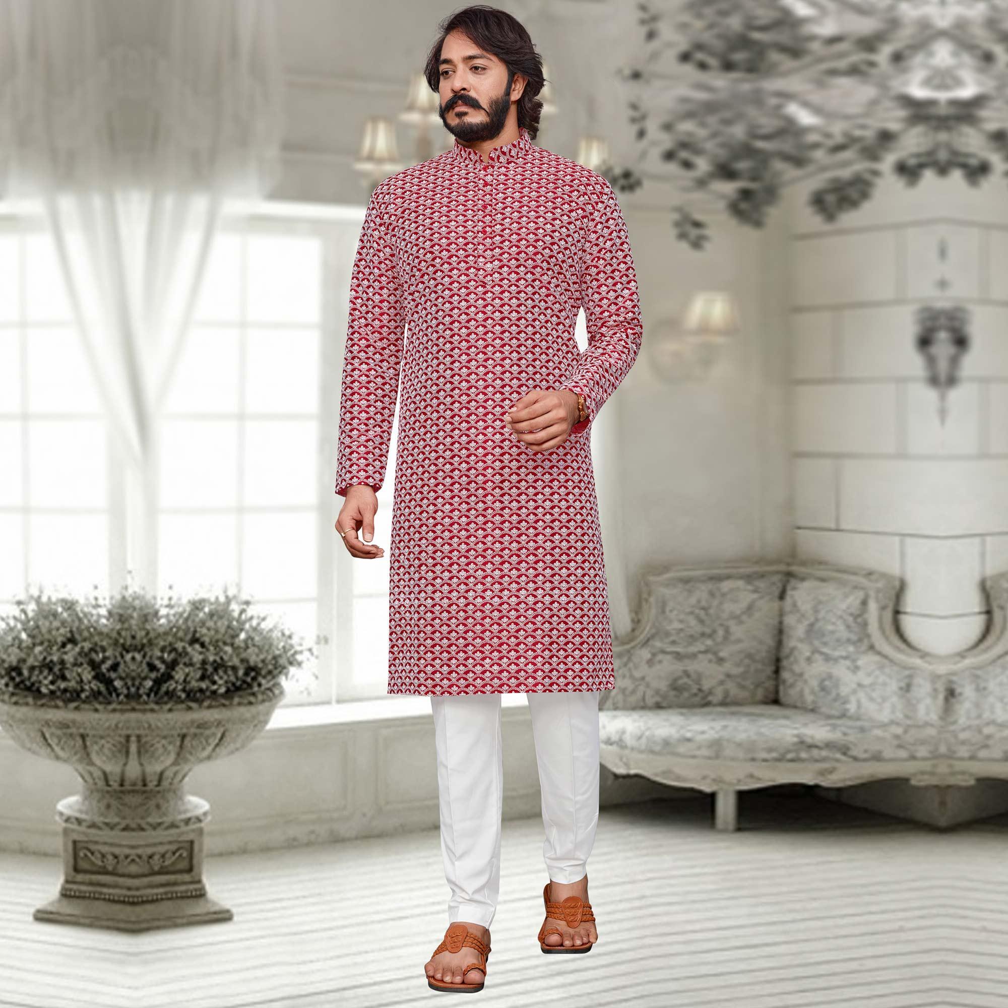 Red Lucknowi Work Art Silk Kurta Pyjama Set - Peachmode