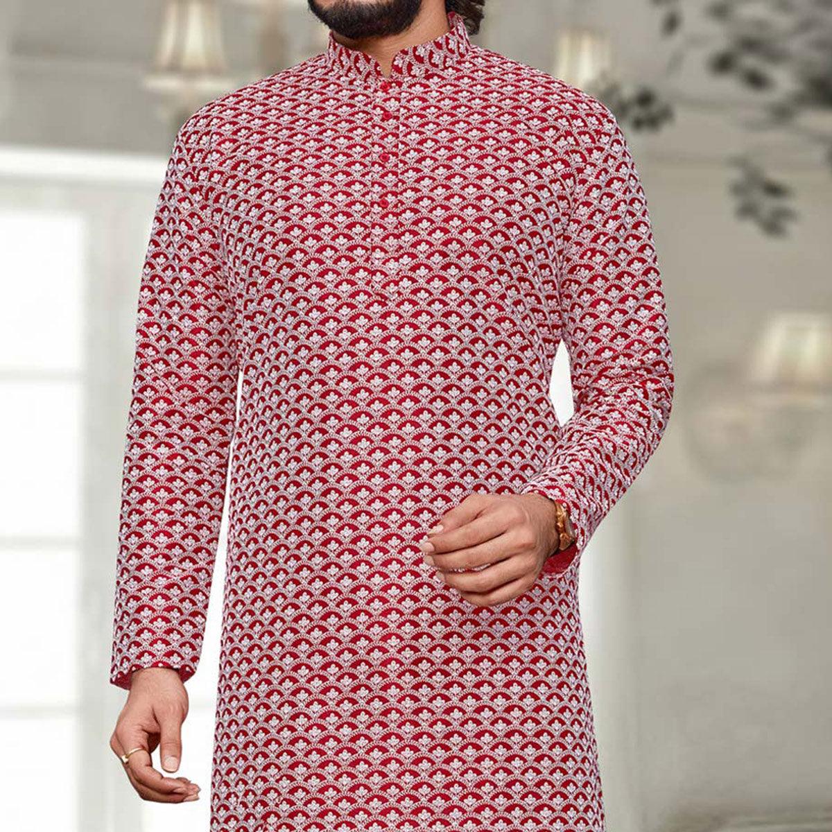 Red Lucknowi Work Art Silk Kurta Pyjama Set - Peachmode