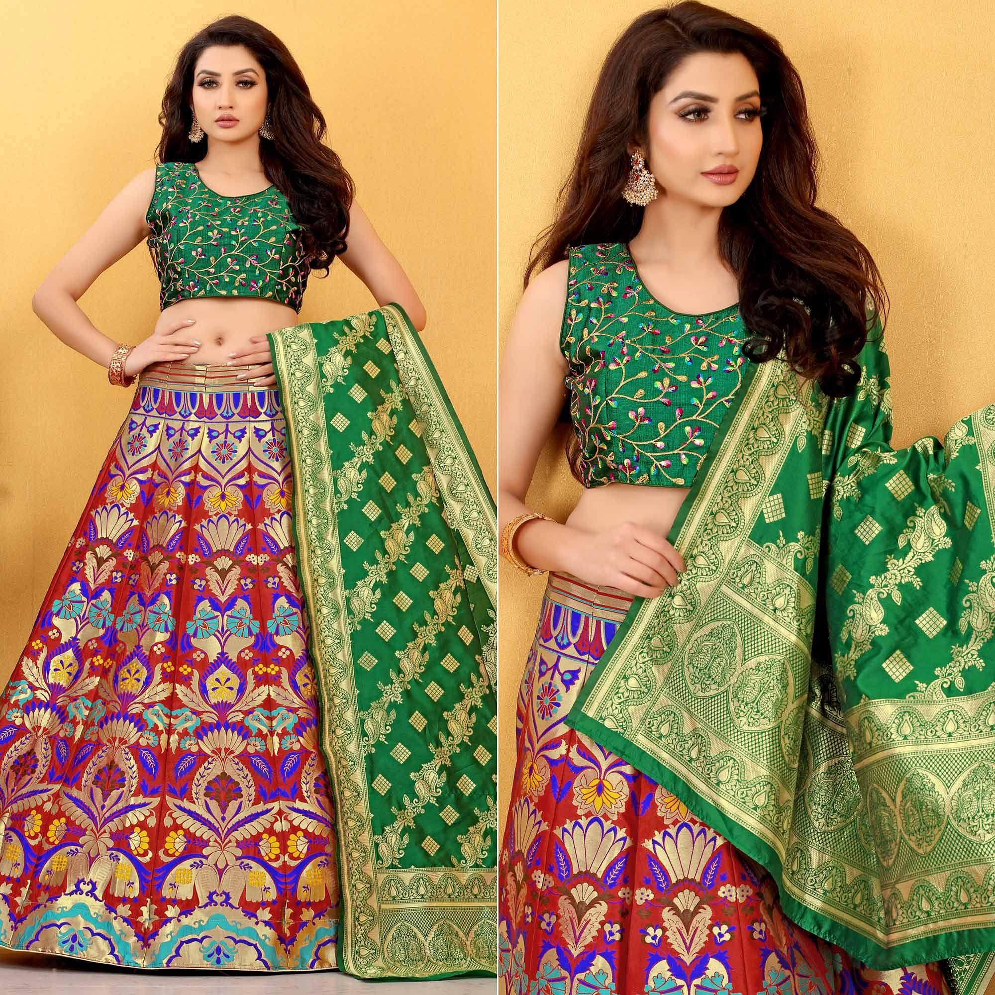 Red Meenakari Woven Banarasi Silk Lehenga Choli - Peachmode
