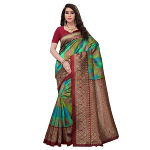 Red-Multi Colored Woven Mysore Silk Saree - Peachmode