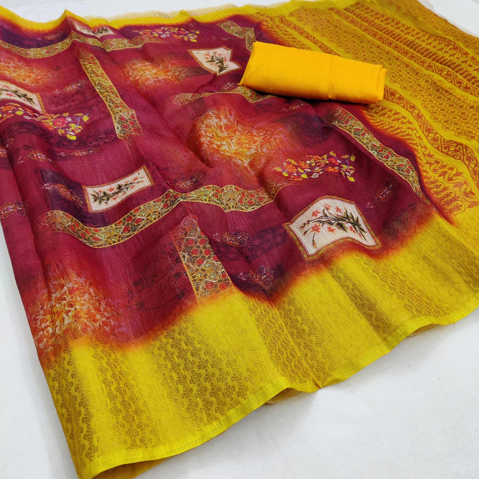 Red-Mustard Festive Wear Floral Digital Printed With Woven Zari Border Cotton Saree - Peachmode