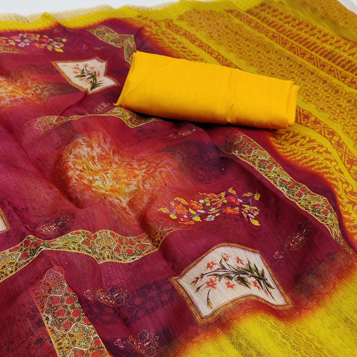 Red-Mustard Festive Wear Floral Digital Printed With Woven Zari Border Cotton Saree - Peachmode