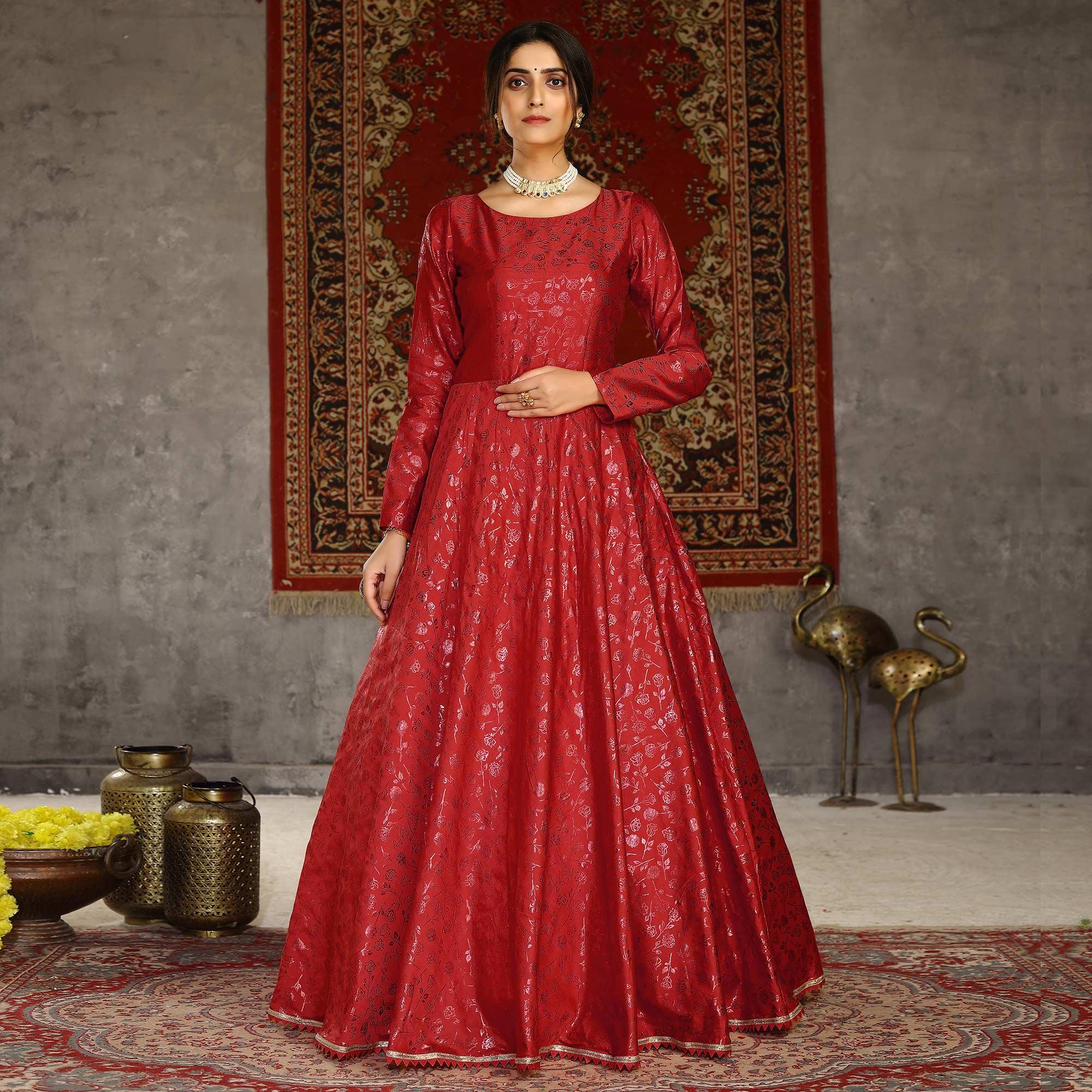 Red Party Wear Designer Metalic Foil Printed Work Taffeta Gown - Peachmode