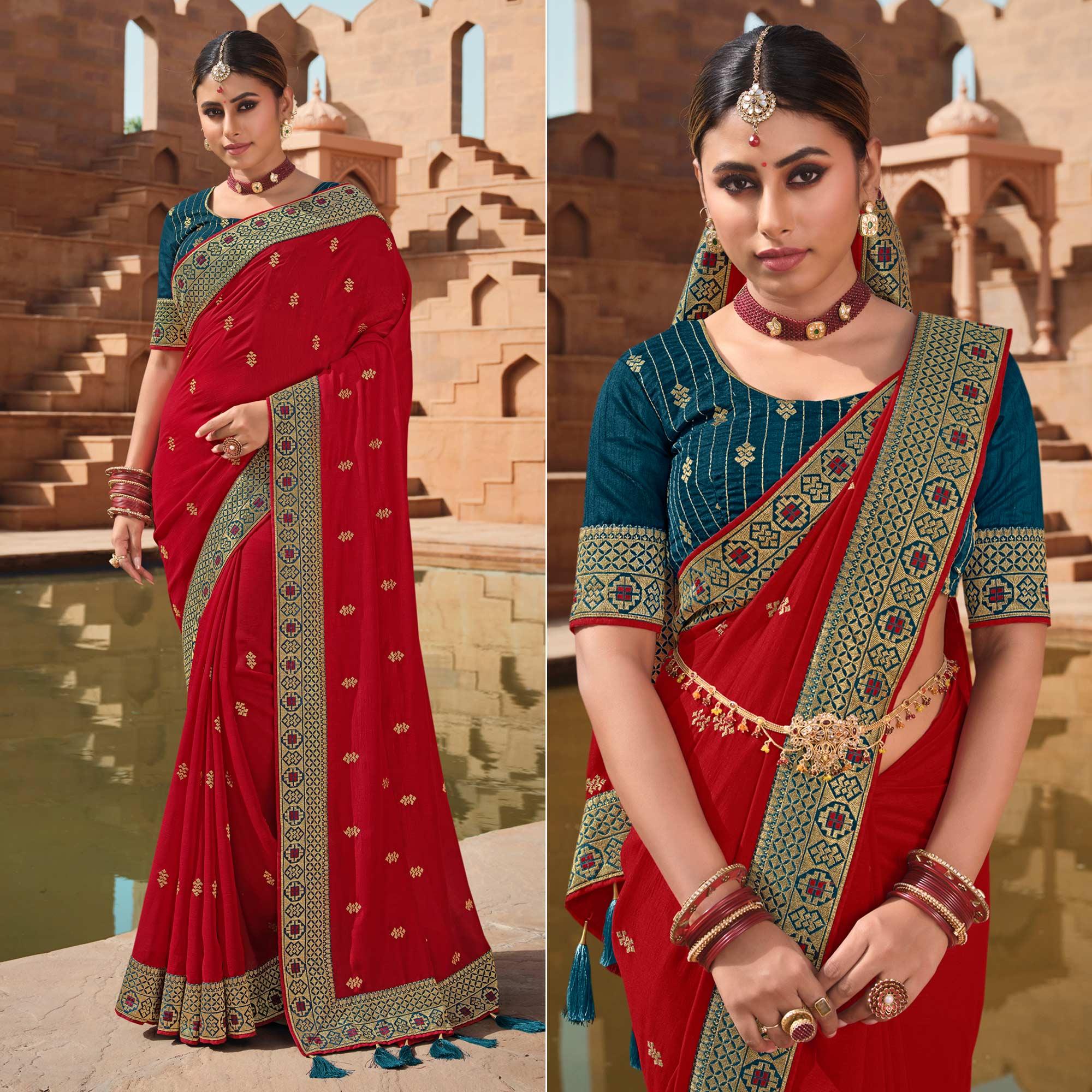 Red Party Wear Embroidered Art Silk Saree - Peachmode