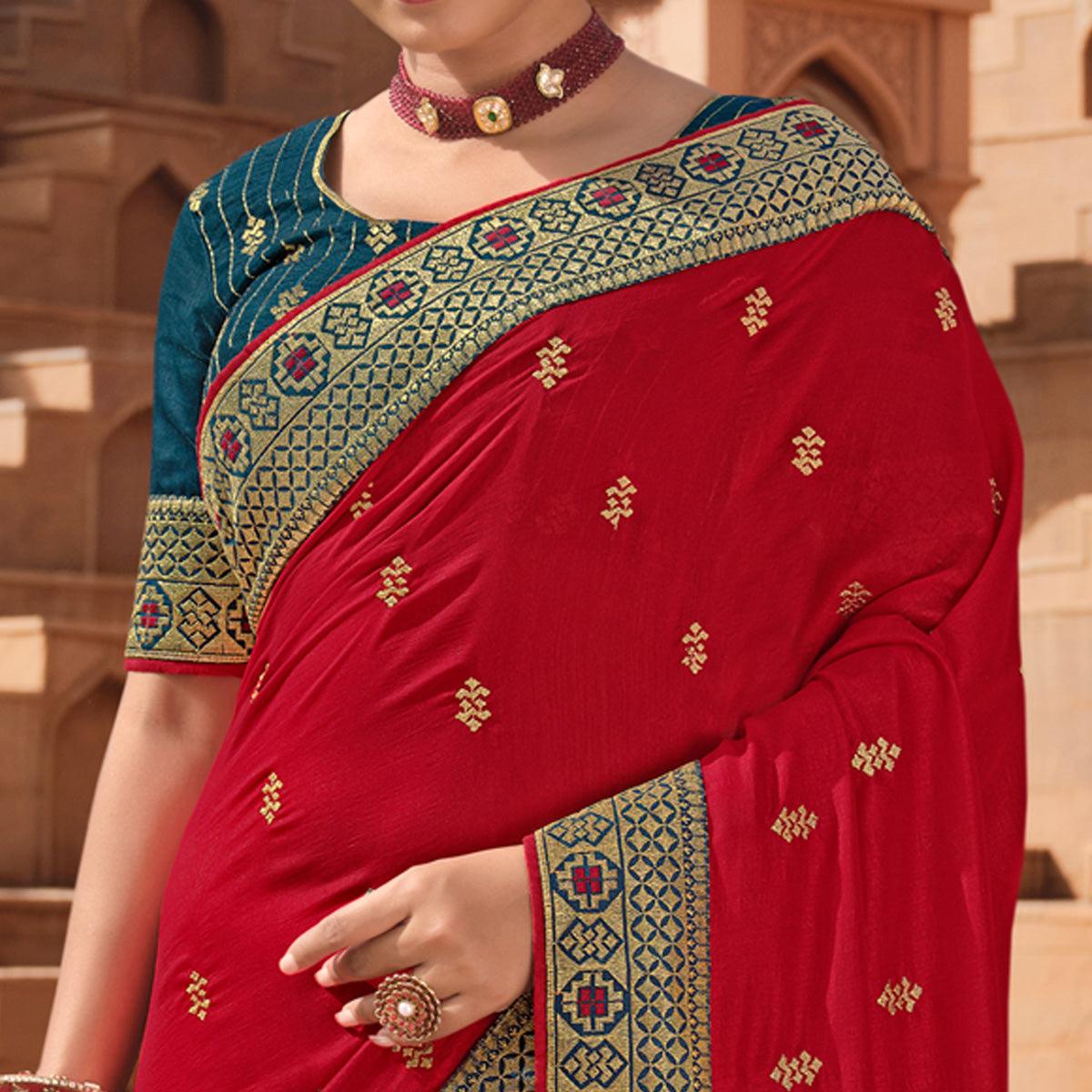 Red Party Wear Embroidered Art Silk Saree - Peachmode