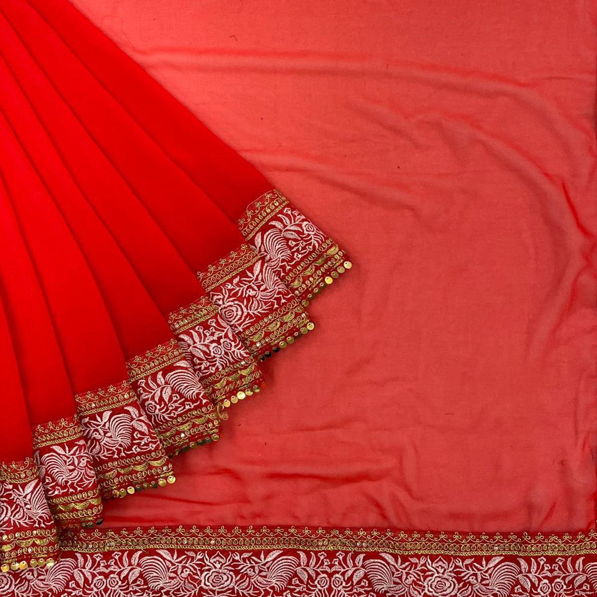 Red Party Wear Embroidered-Embellished Georgette Saree - Peachmode
