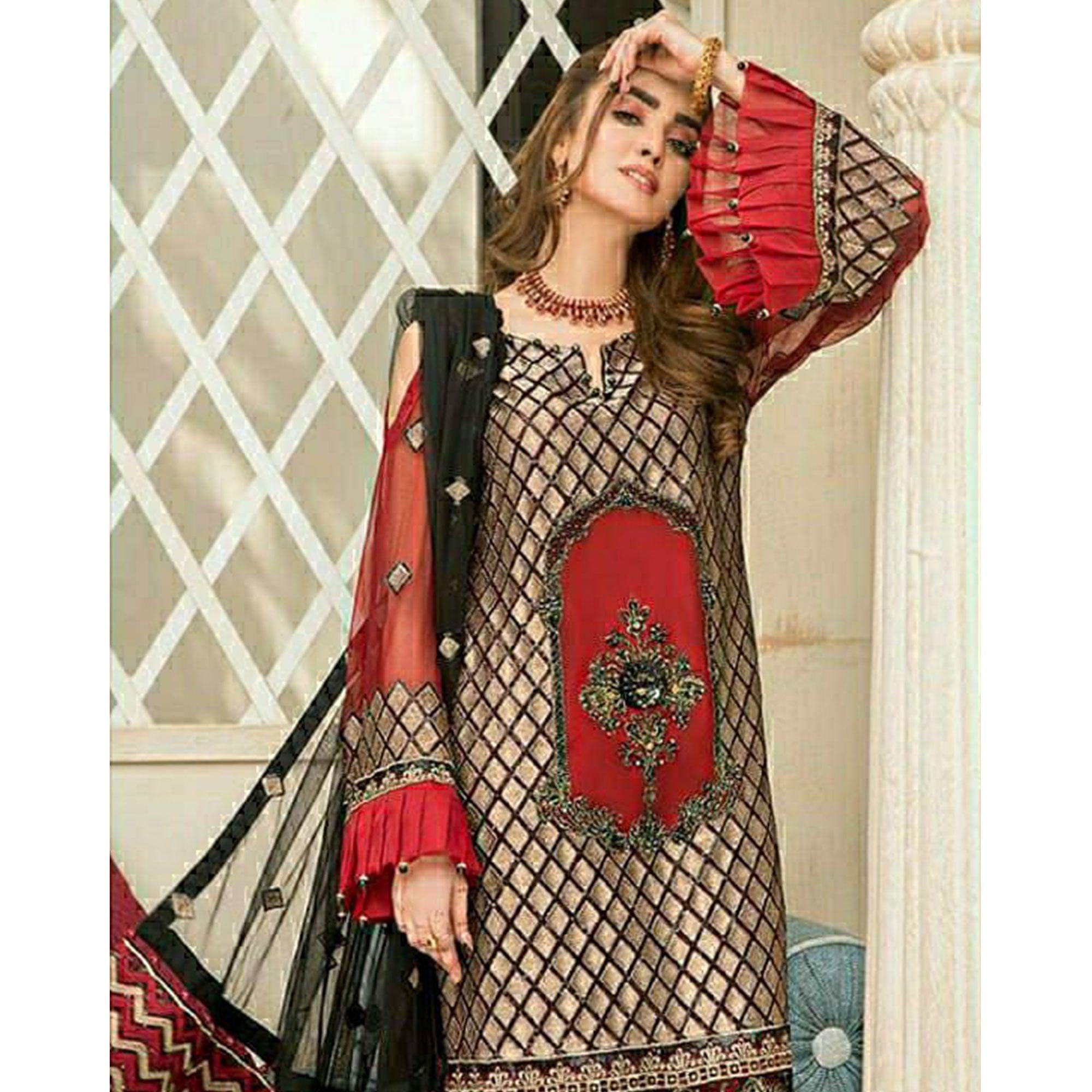 Red Party Wear Embroidered Georgette Pakistani Suit - Peachmode