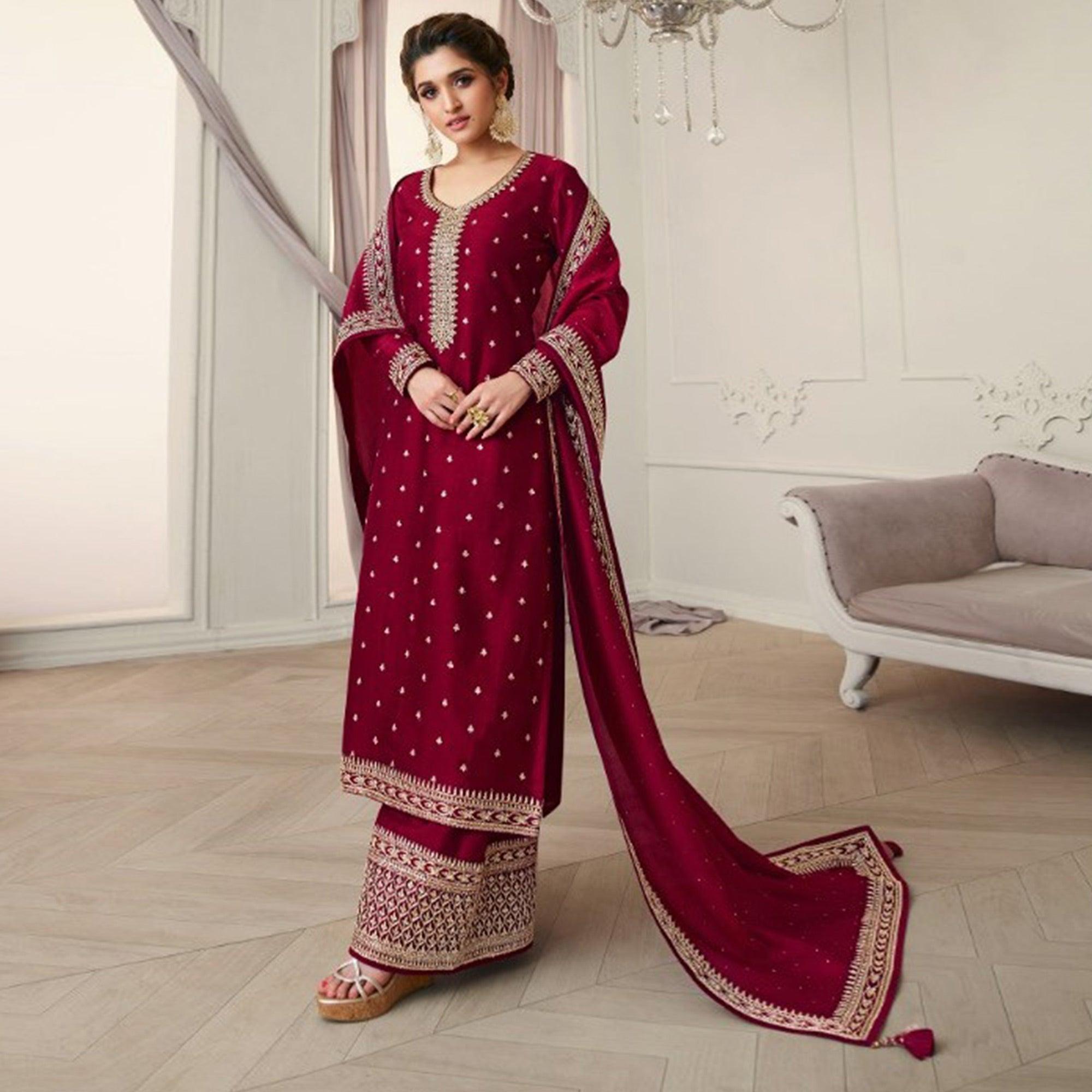 Red Party Wear Embroidered Silk Georgette Palazzo Suit - Peachmode