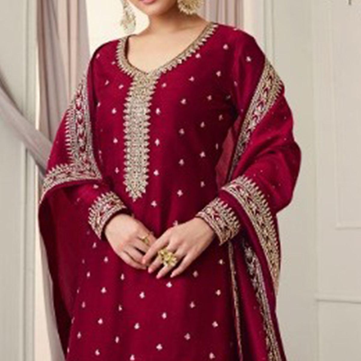 Red Party Wear Embroidered Silk Georgette Palazzo Suit - Peachmode