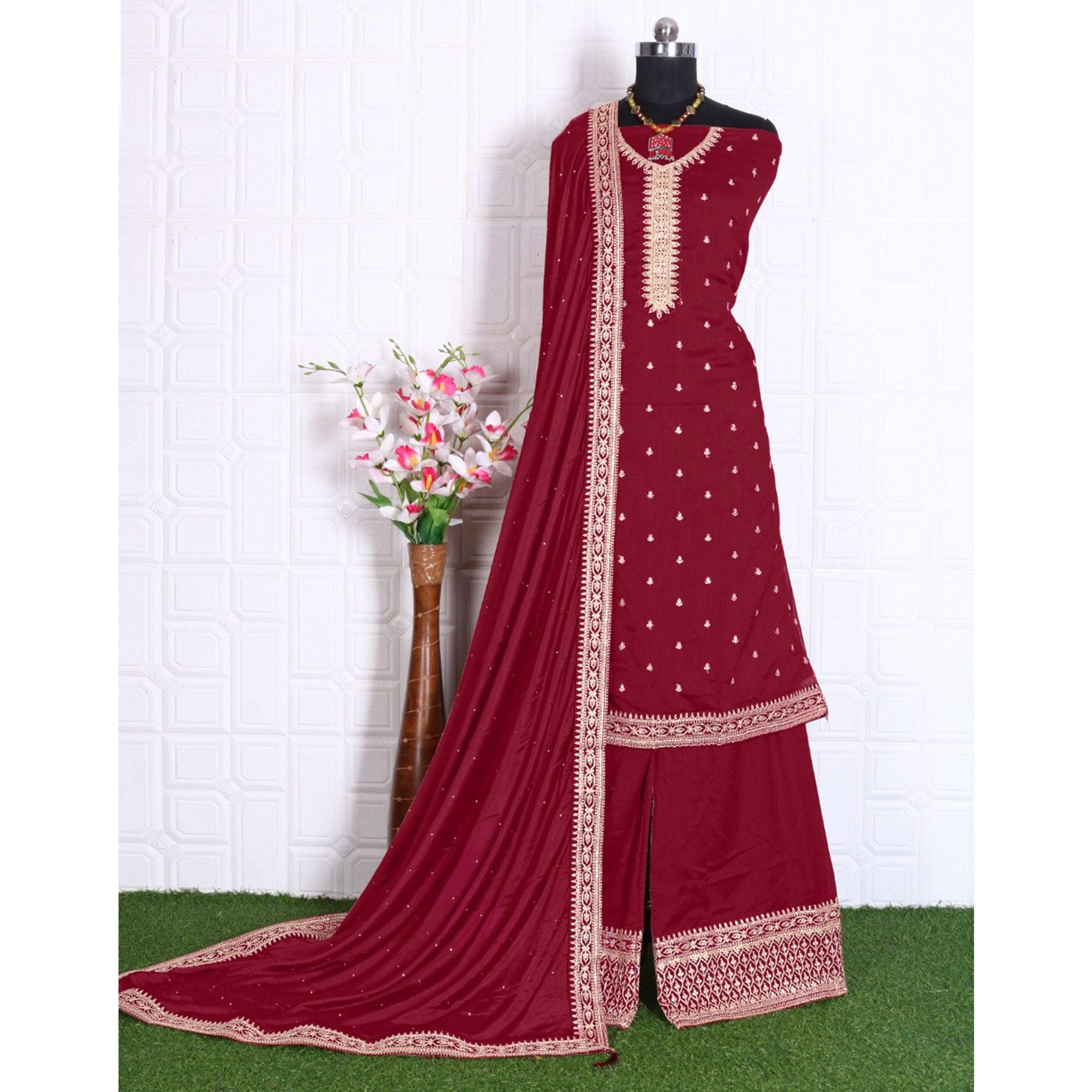 Red Party Wear Embroidered Silk Georgette Palazzo Suit - Peachmode