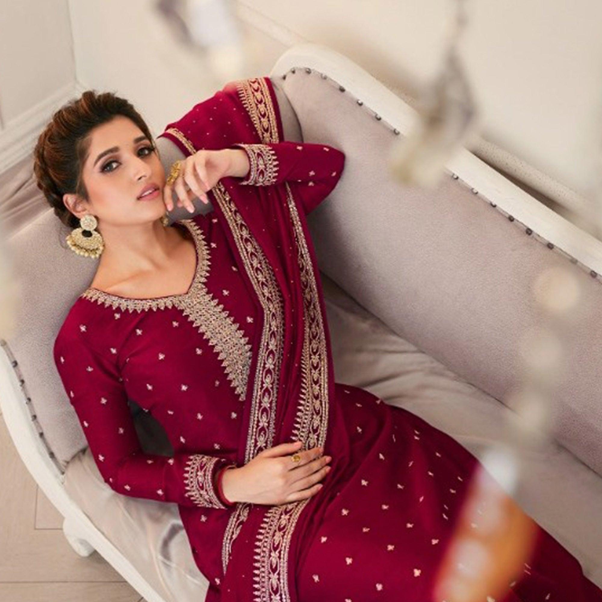 Red Party Wear Embroidered Silk Georgette Palazzo Suit - Peachmode