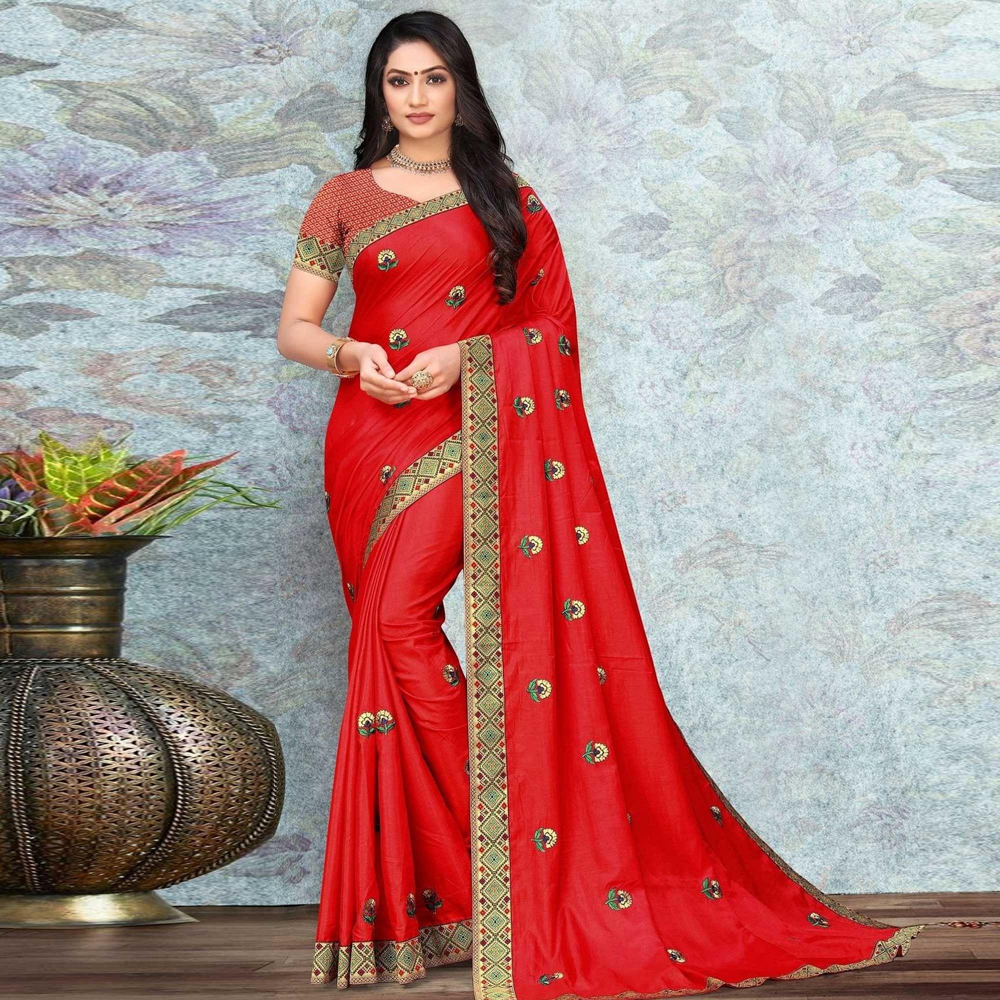 Red Party Wear Embroidered Silk Saree - Peachmode