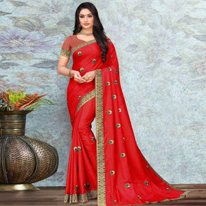 Red Party Wear Embroidered Silk Saree - Peachmode
