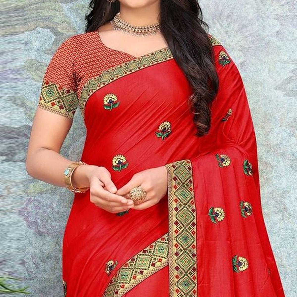 Red Party Wear Embroidered Silk Saree - Peachmode