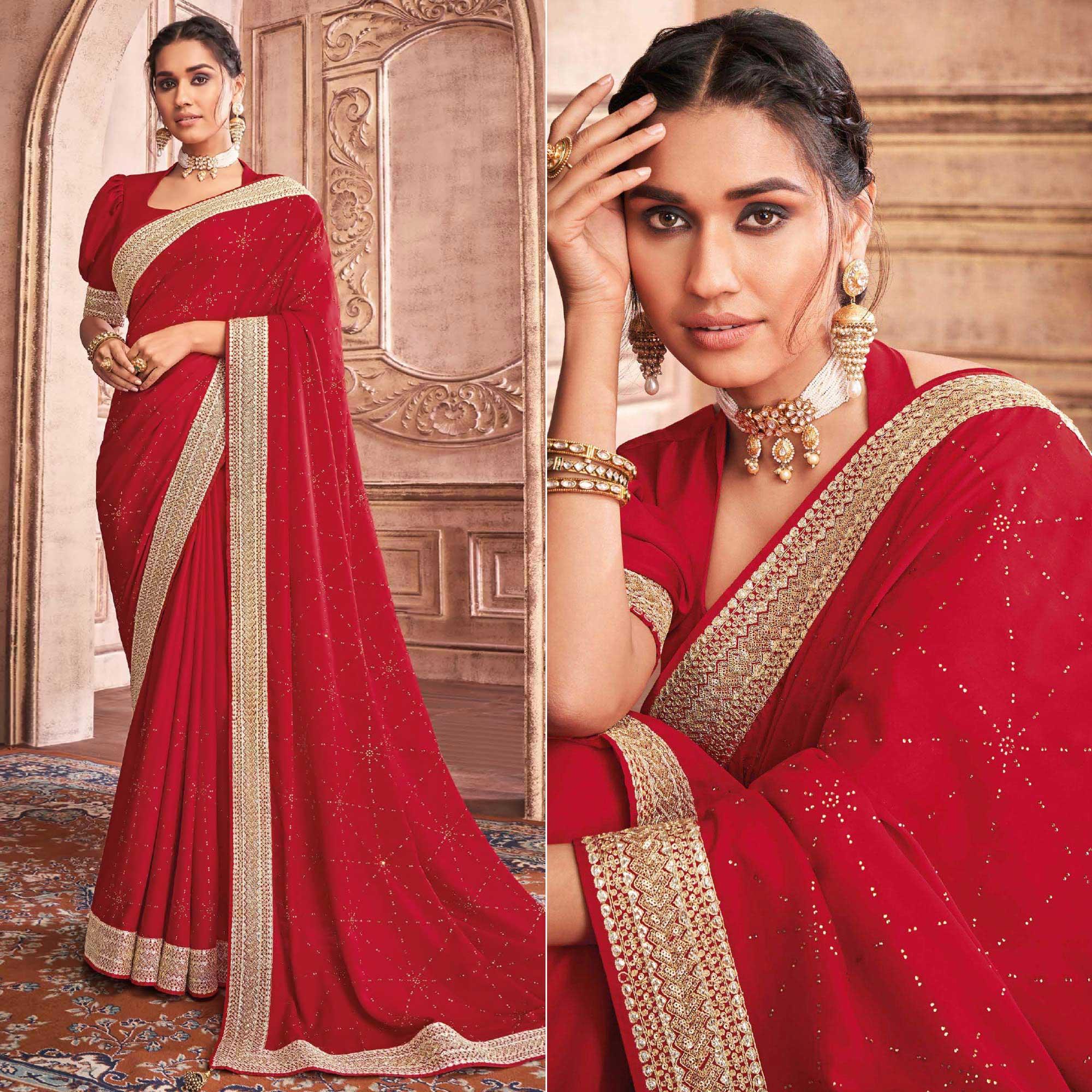 Red Party Wear Embroidery With Sequence Work Satin Silk Saree - Peachmode