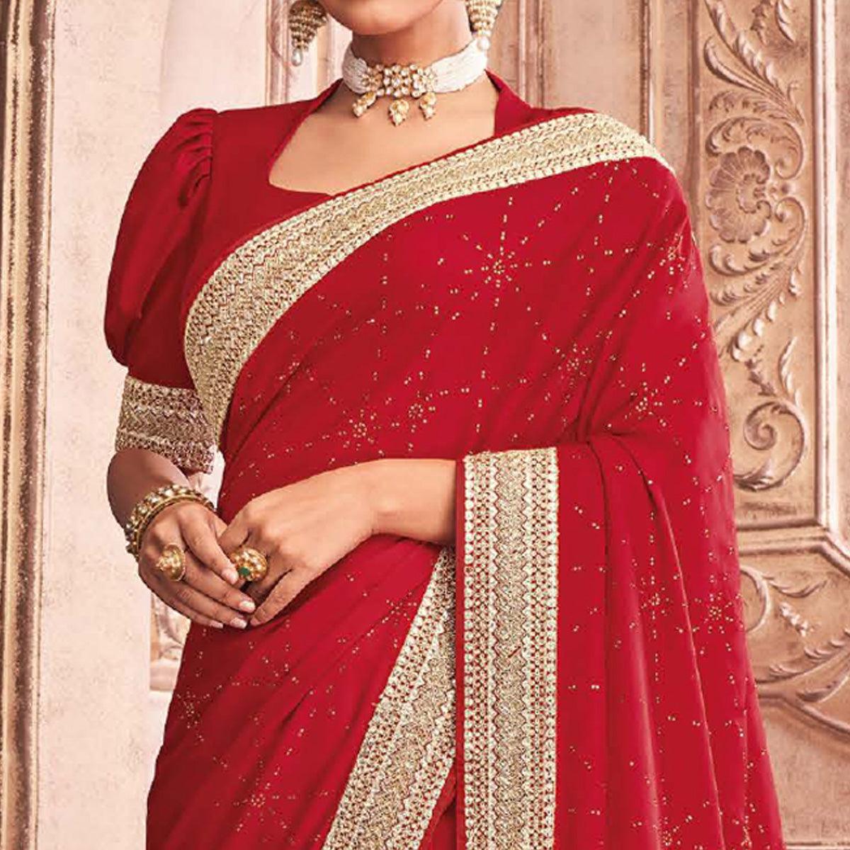 Red Party Wear Embroidery With Sequence Work Satin Silk Saree - Peachmode