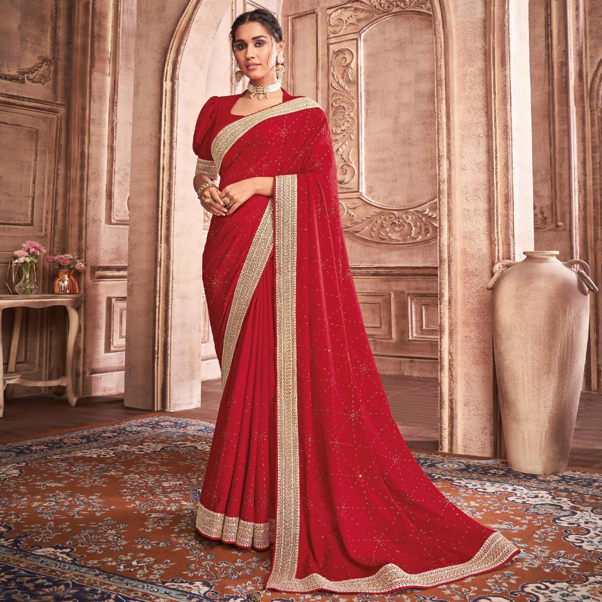 Red Party Wear Embroidery With Sequence Work Satin Silk Saree - Peachmode