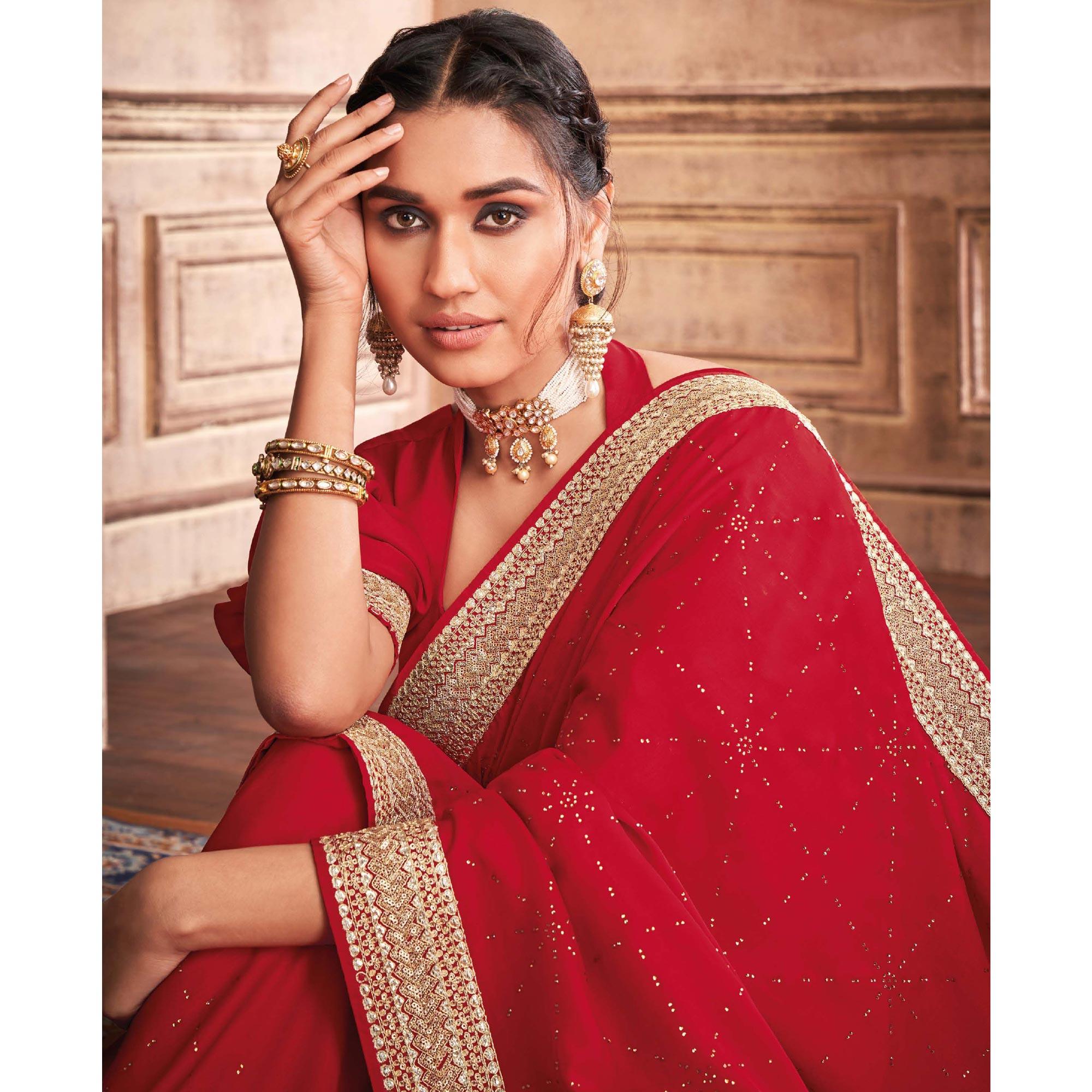 Red Party Wear Embroidery With Sequence Work Satin Silk Saree - Peachmode