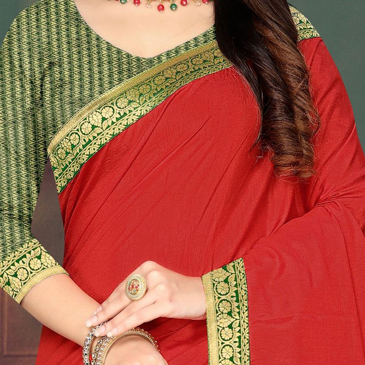 Red Party Wear Lace With Stone Work Silk Saree - Peachmode