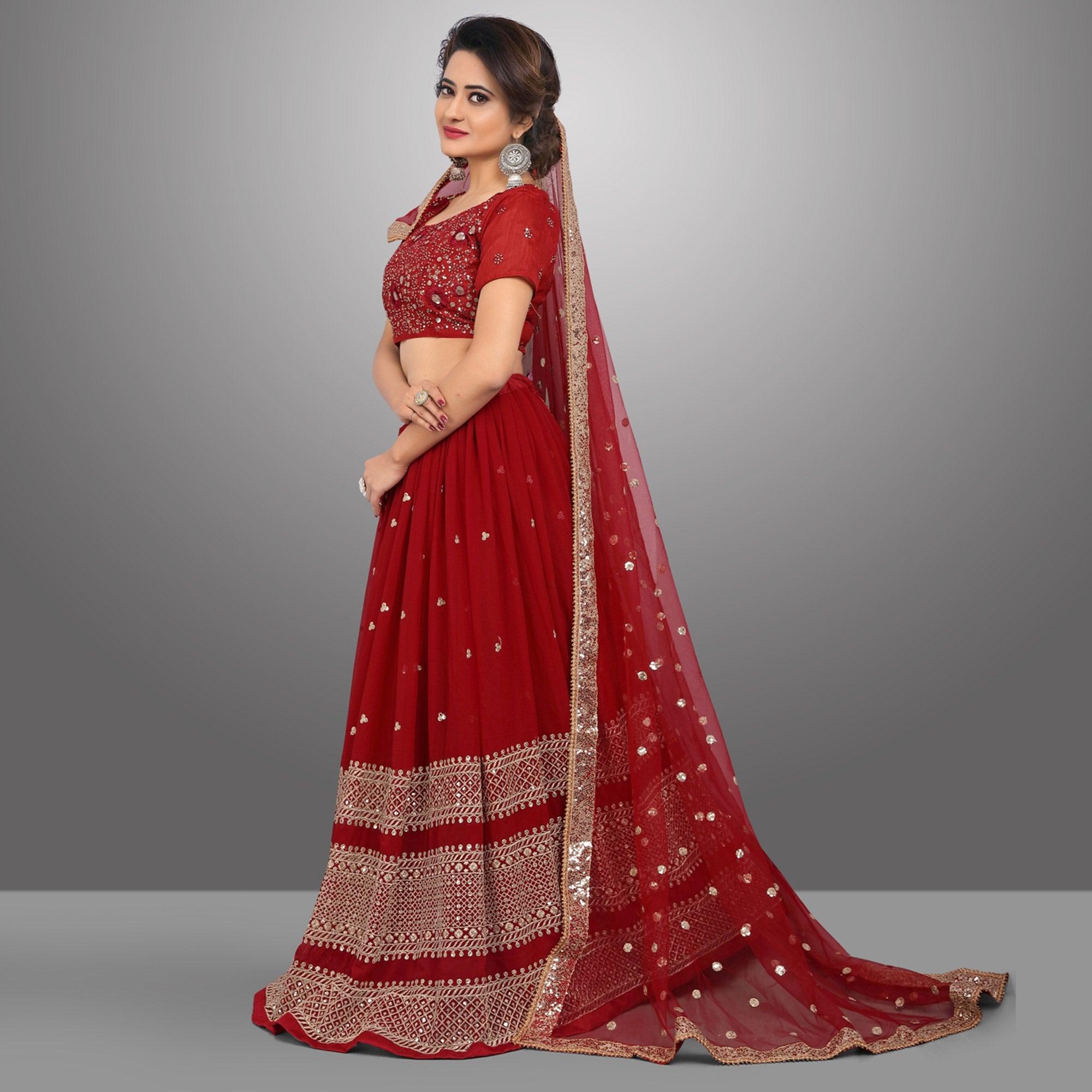 Red Party Wear Sequence Embroidered Georgette Lehenga Choli - Peachmode