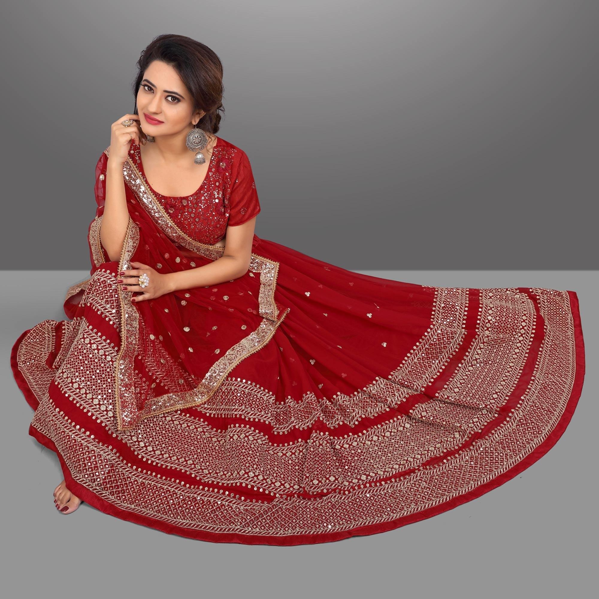 Red Party Wear Sequence Embroidered Georgette Lehenga Choli - Peachmode