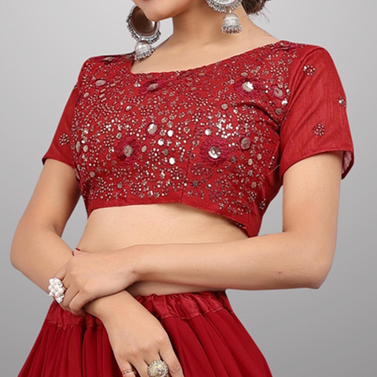 Red Party Wear Sequence Embroidered Georgette Lehenga Choli - Peachmode
