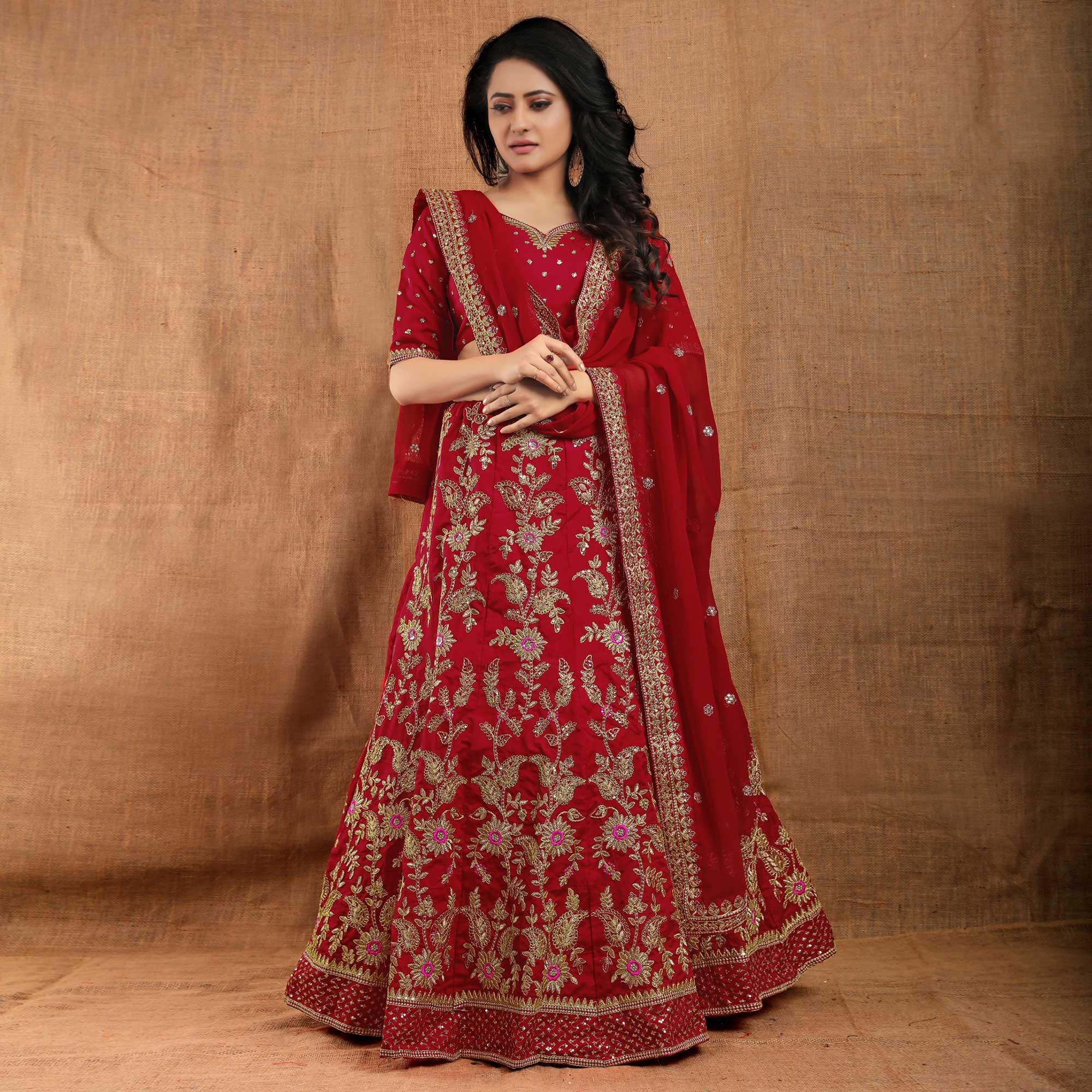 Red Party Wear Sequence Embroidered Tapetta Lehenga Choli - Peachmode